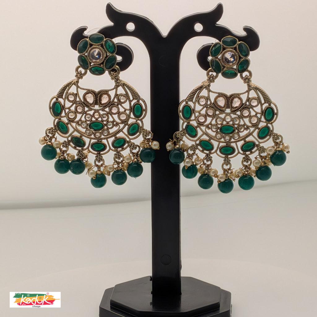 Gold-Plated AD Chandbali Earrings with Green Pearl Drops