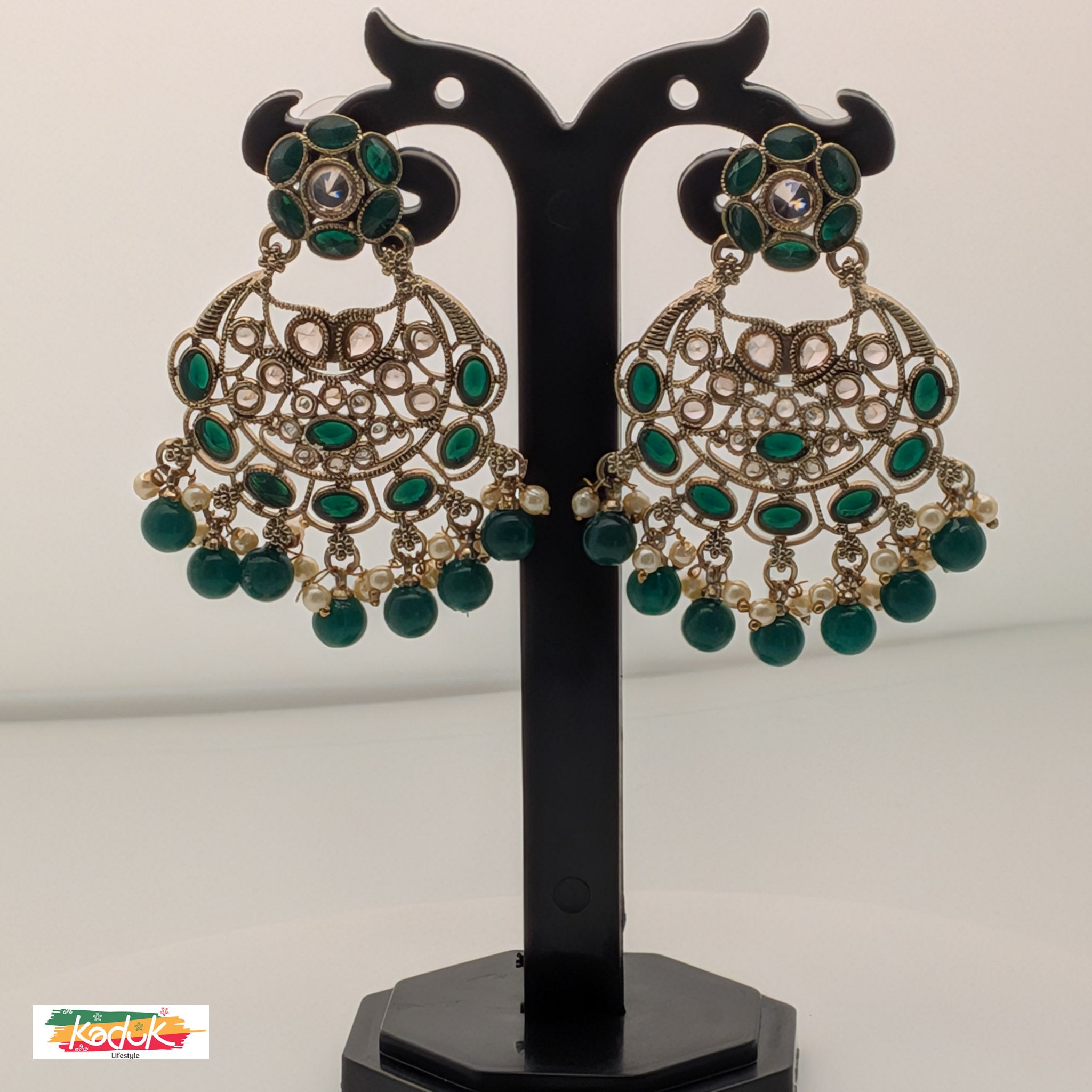 Gold-Plated AD Chandbali Earrings with Green Pearl Drops