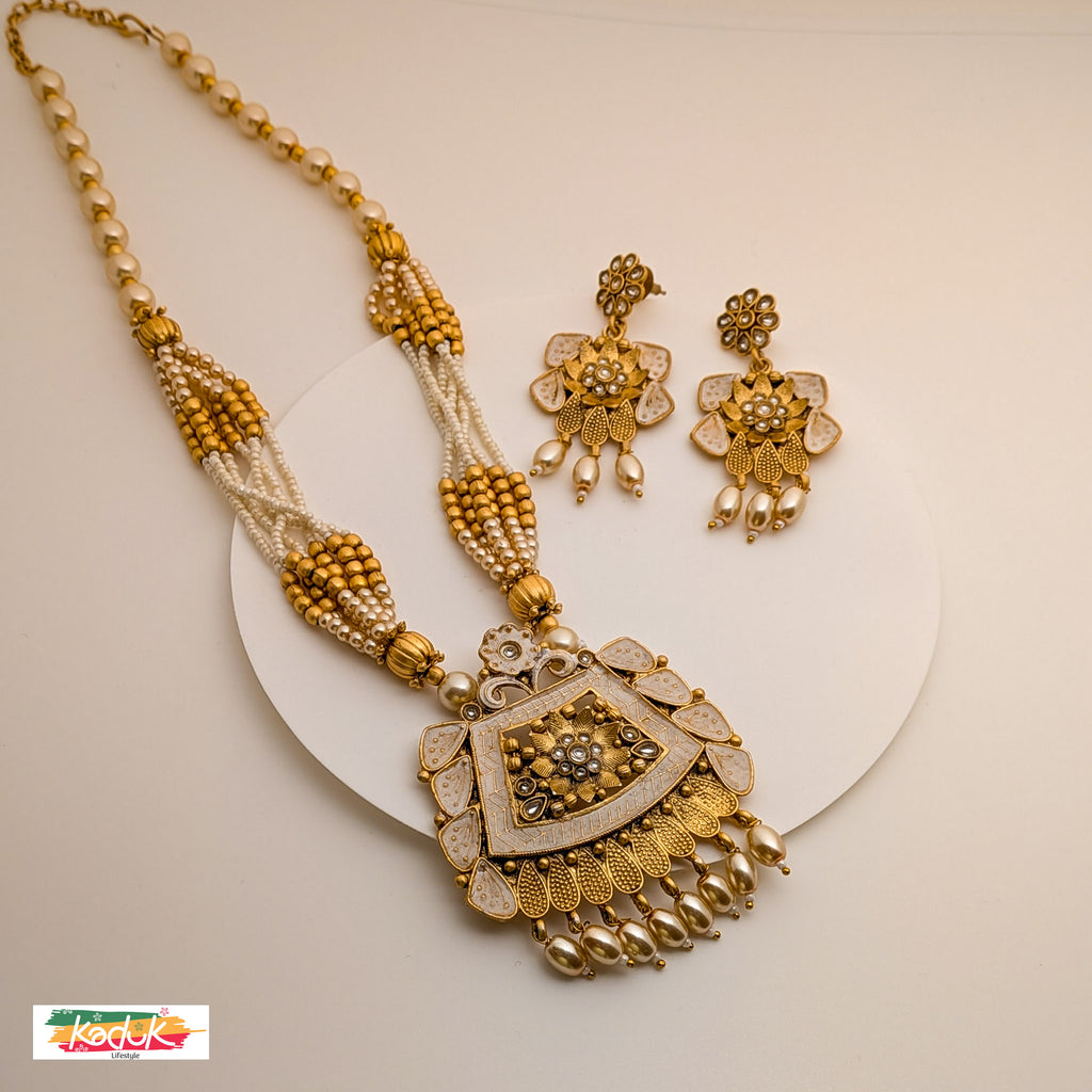 Antique Pearl & Beaded Necklace Set with Statement Pendant & Earrings