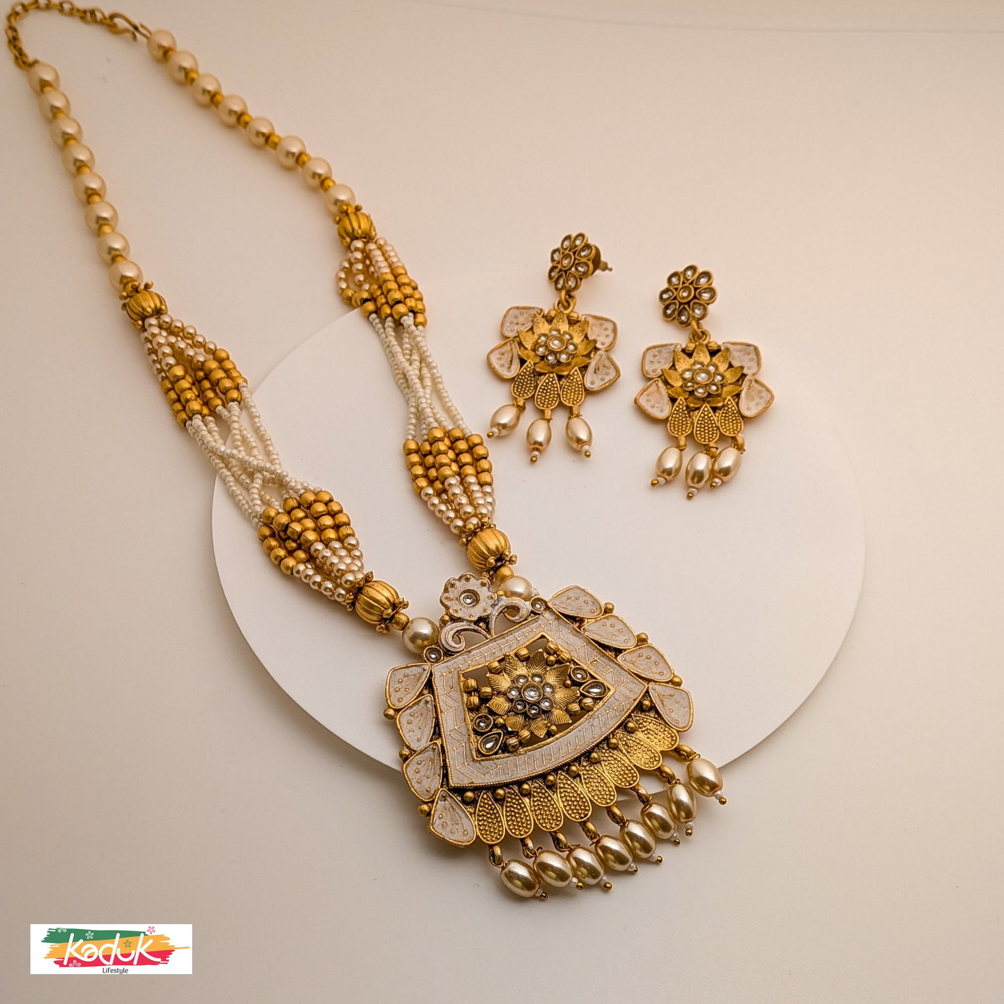 Antique Pearl & Beaded Necklace Set with Statement Pendant & Earrings