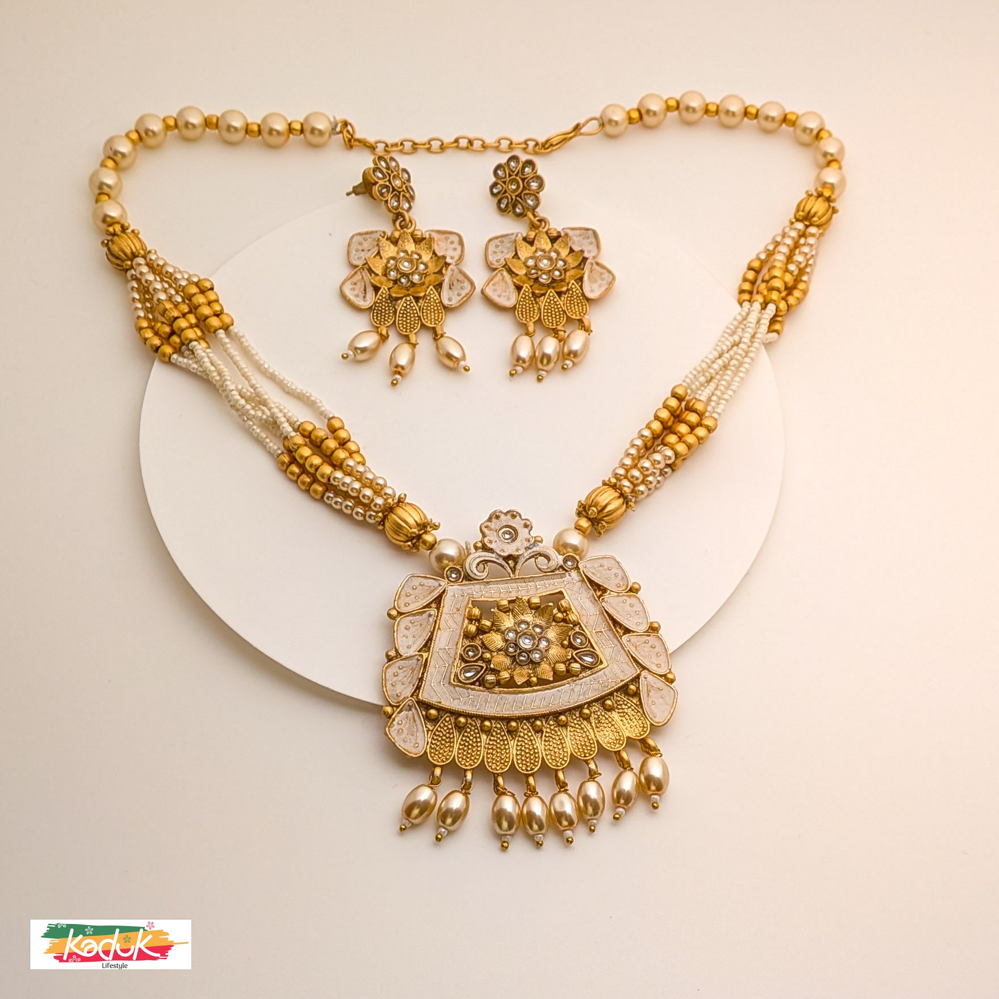 Antique Pearl & Beaded Necklace Set with Statement Pendant & Earrings