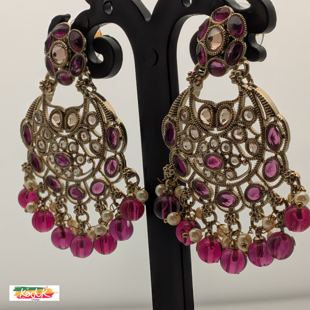 Gold-Plated AD Chandbali Earrings with Purple Pearl Drops
