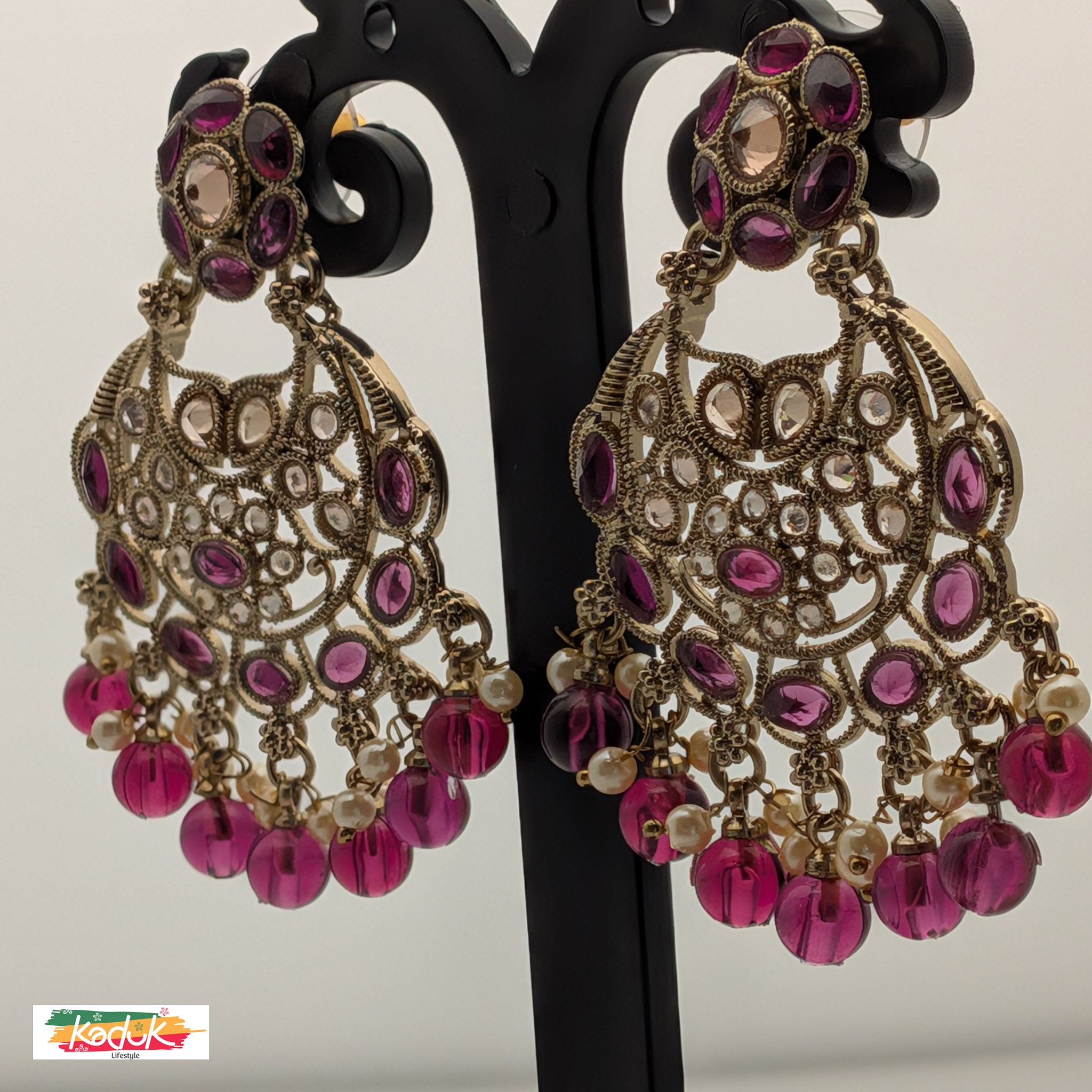 Gold-Plated AD Chandbali Earrings with Purple Pearl Drops