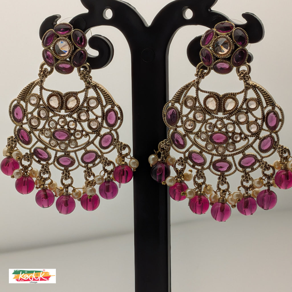 Gold-Plated AD Chandbali Earrings with Purple Pearl Drops