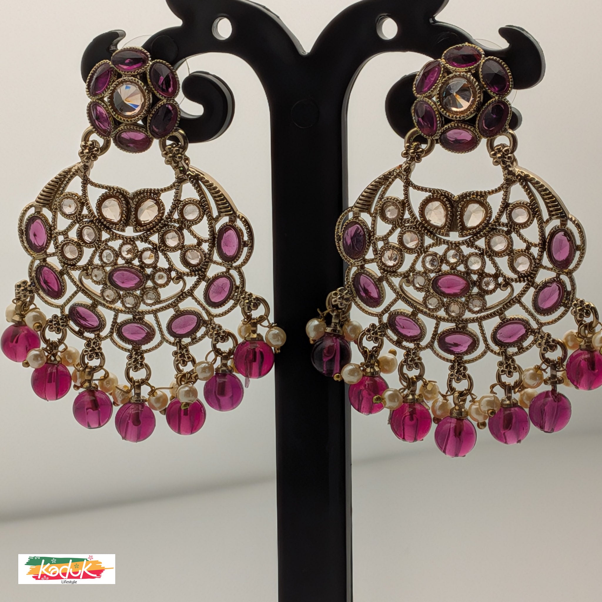 Gold-Plated AD Chandbali Earrings with Purple Pearl Drops