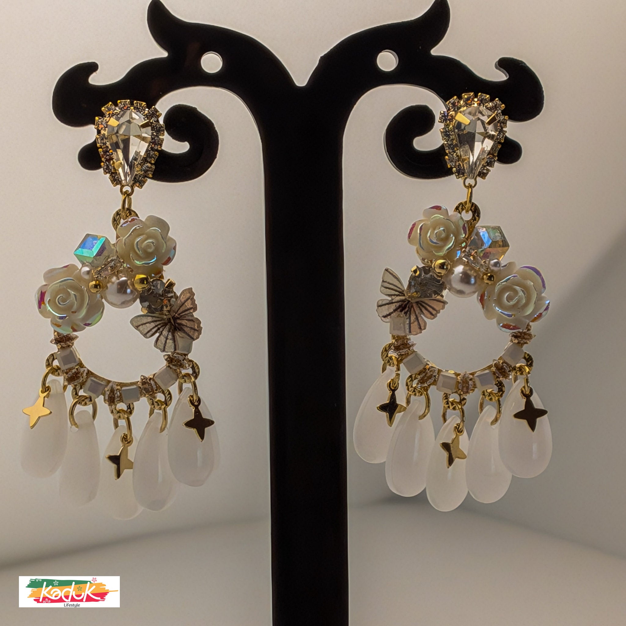 Gold-Plated Floral Hoop Earrings with Crystals, Butterflies & Star Charms