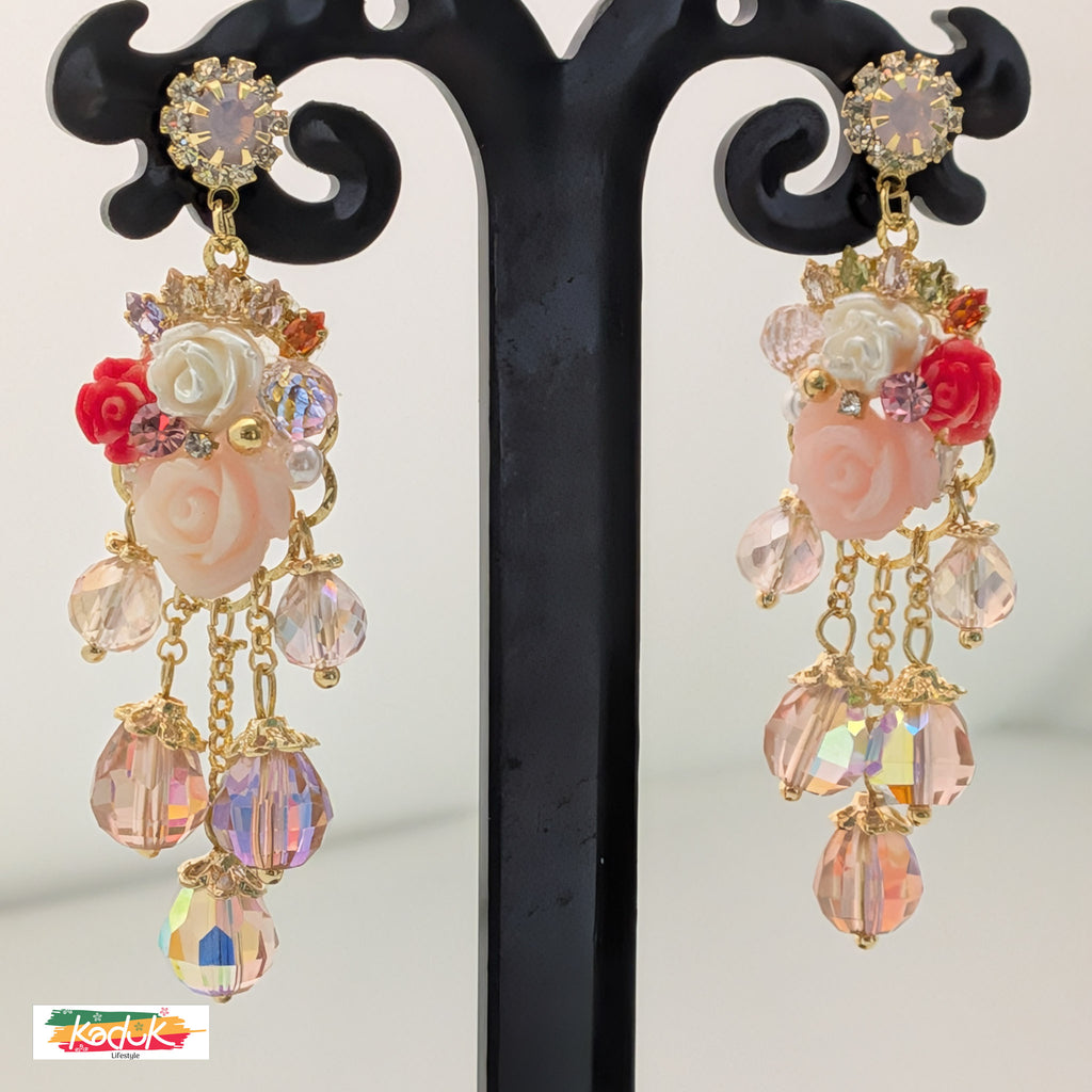 Gold-Plated Floral Drop Earrings with Crystals & Beads