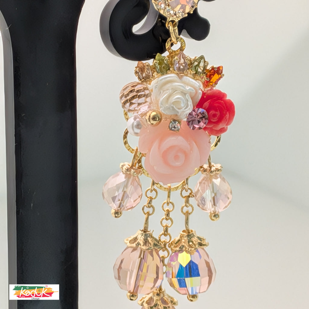 Gold-Plated Floral Drop Earrings with Crystals & Beads