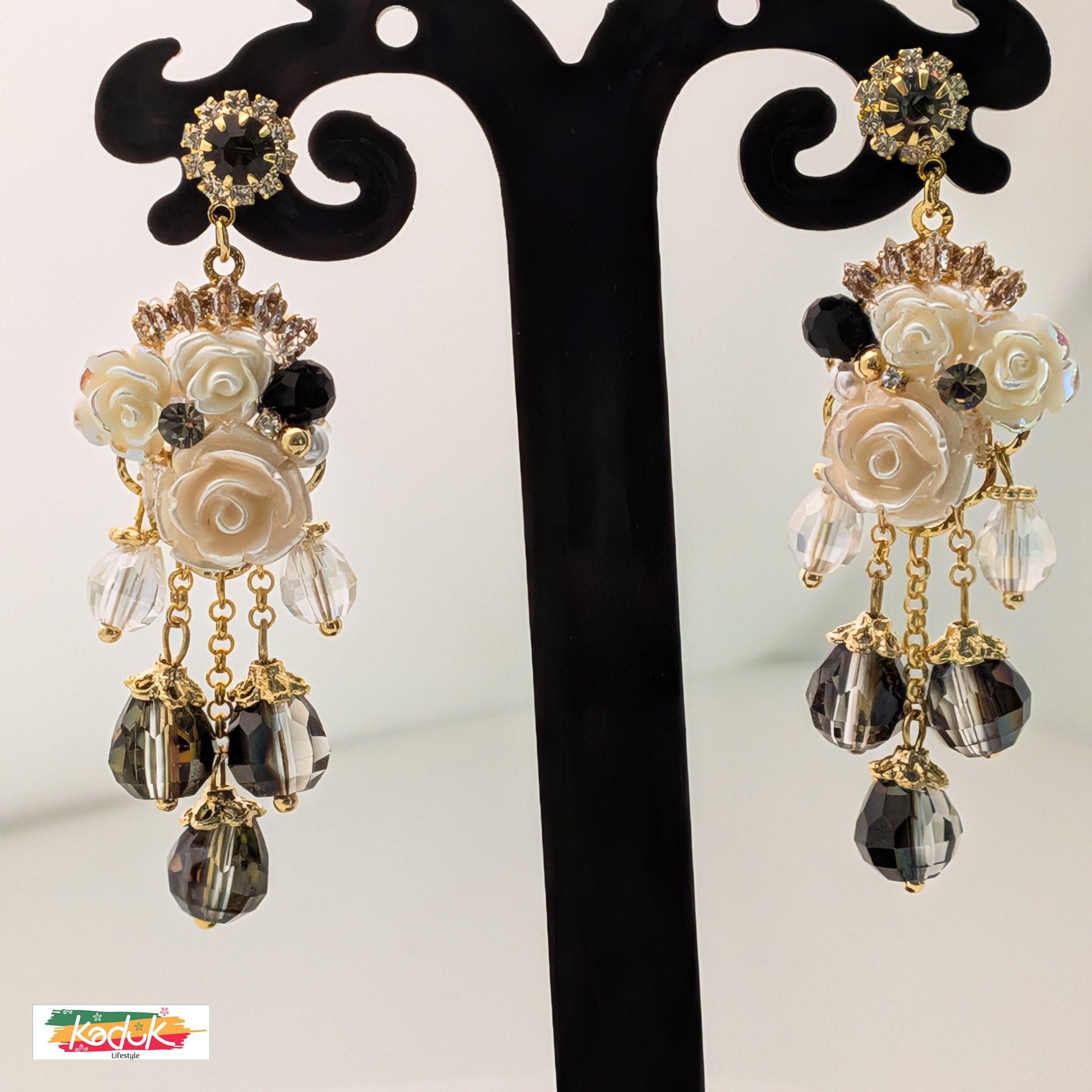 Gold-Plated Black & White Floral Drop Earrings with Crystal Beads