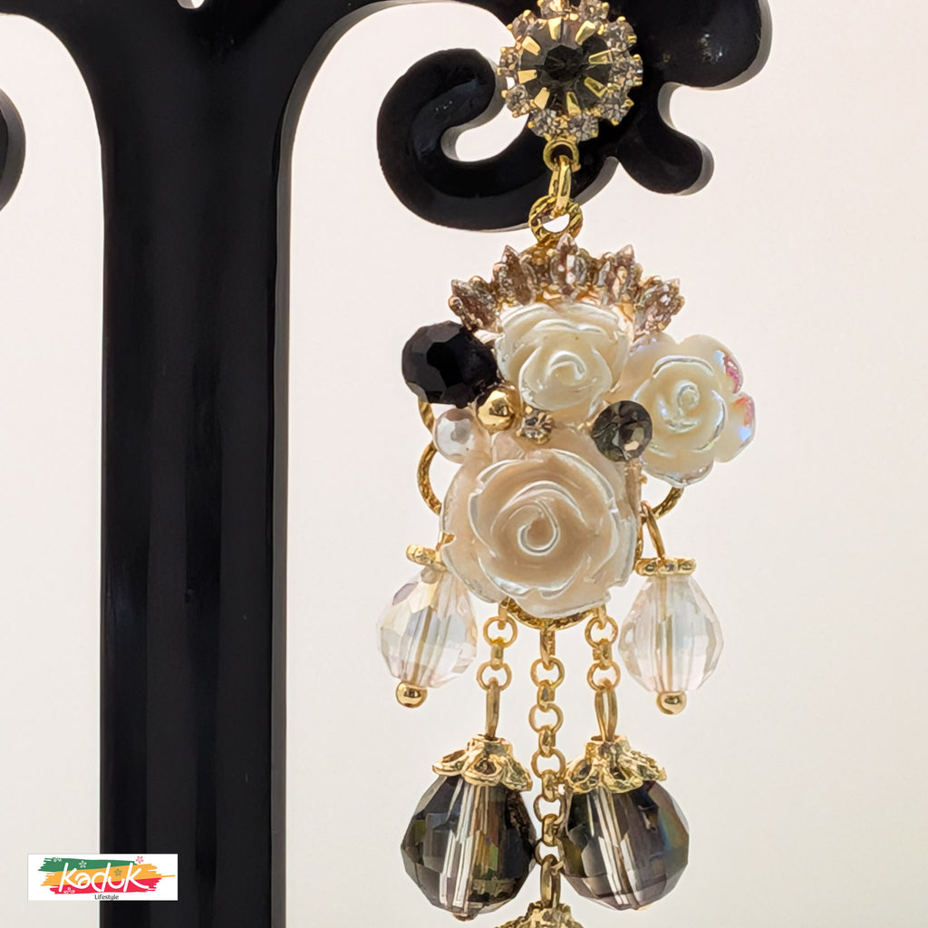 Gold-Plated Black & White Floral Drop Earrings with Crystal Beads