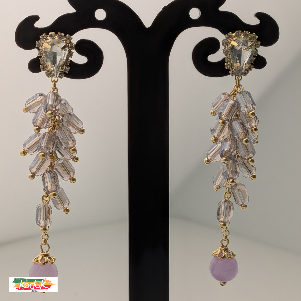 Gold-Plated Crystal Cascade Earrings with Lavender Bead Drop