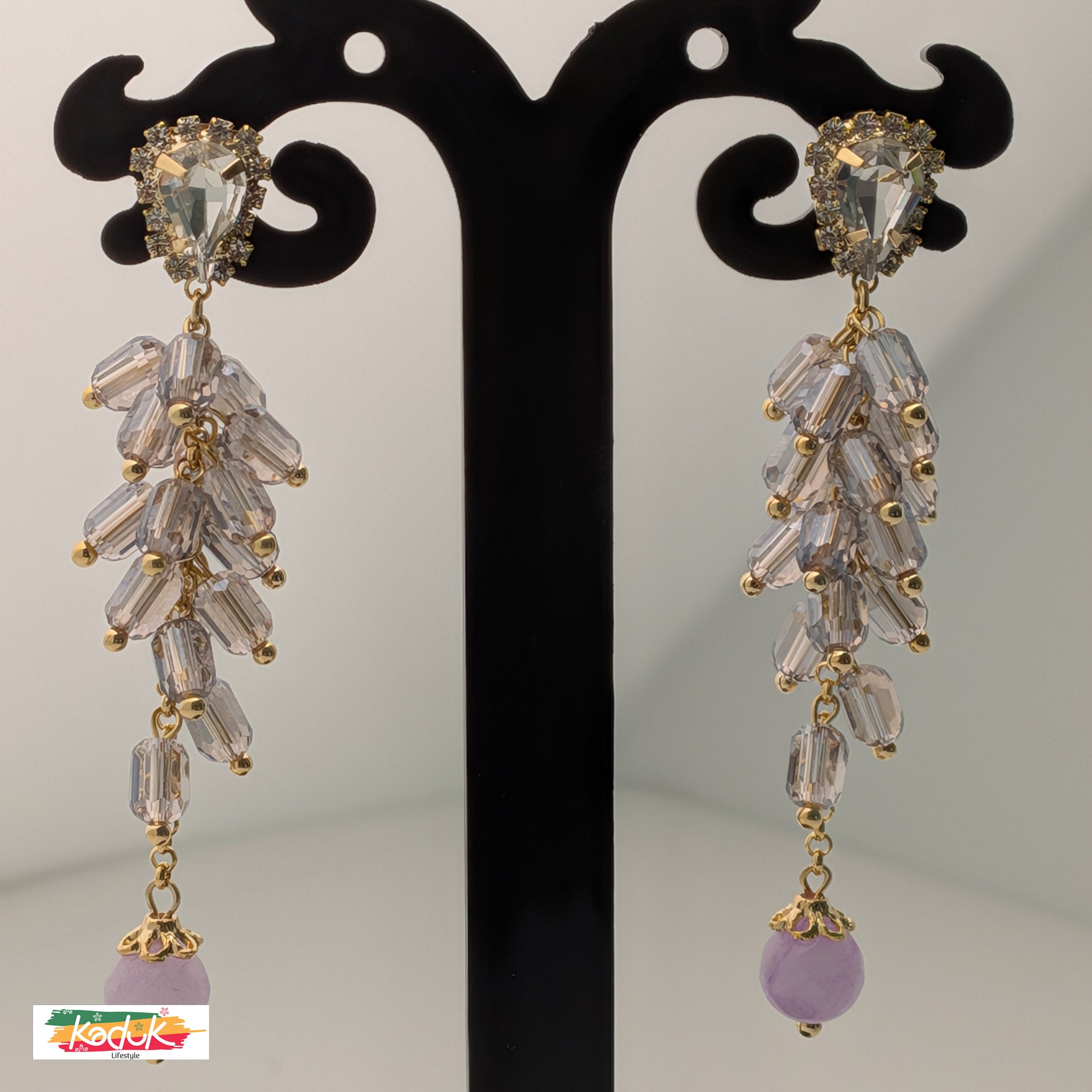 Gold-Plated Crystal Cascade Earrings with Lavender Bead Drop