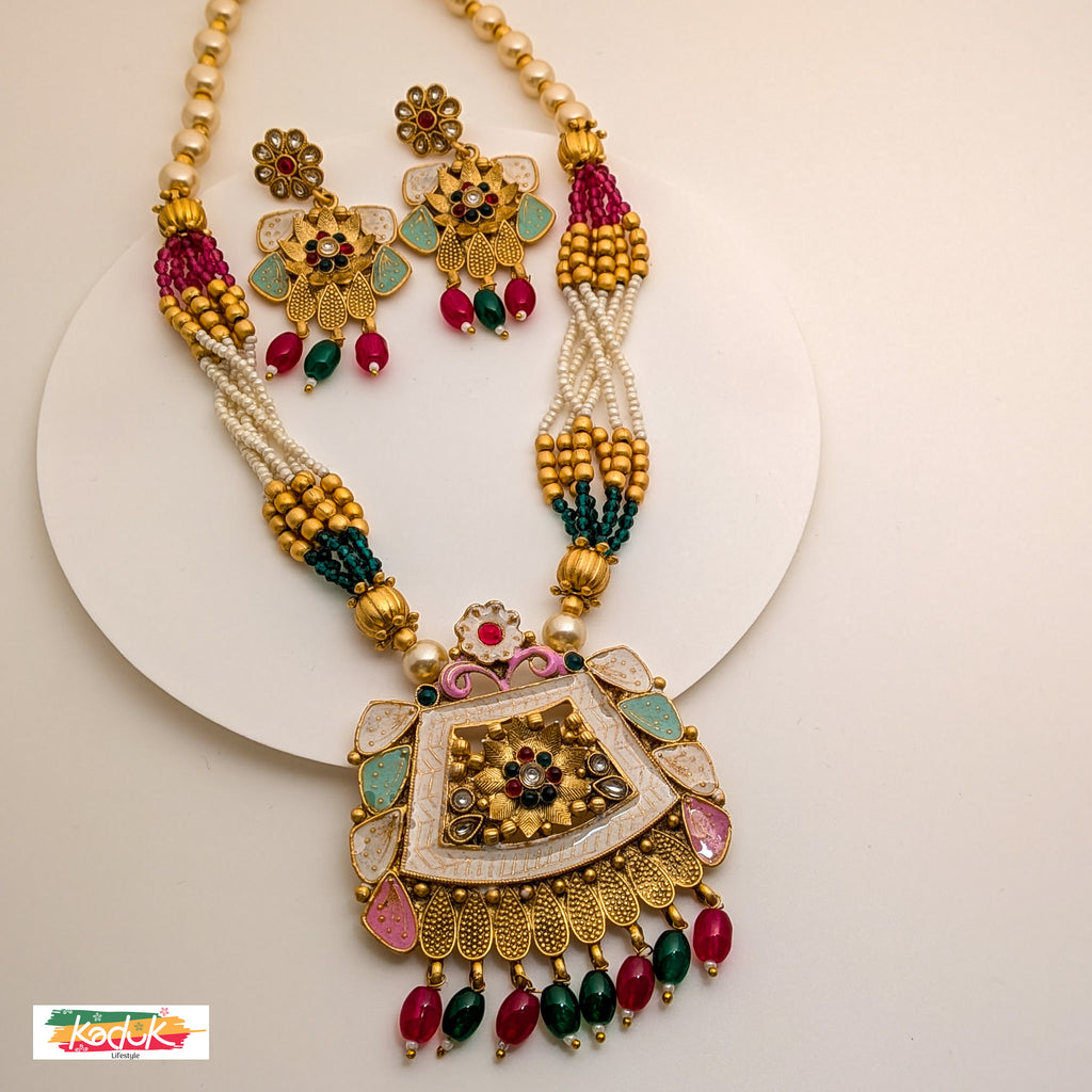 Antique Pearl &  Multi Color  Beaded Necklace Set with Statement Pendant & Earrings