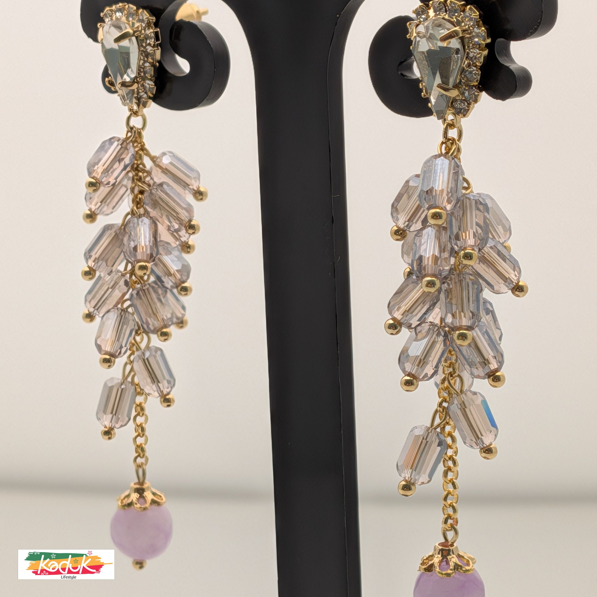 Gold-Plated Crystal Cascade Earrings with Lavender Bead Drop