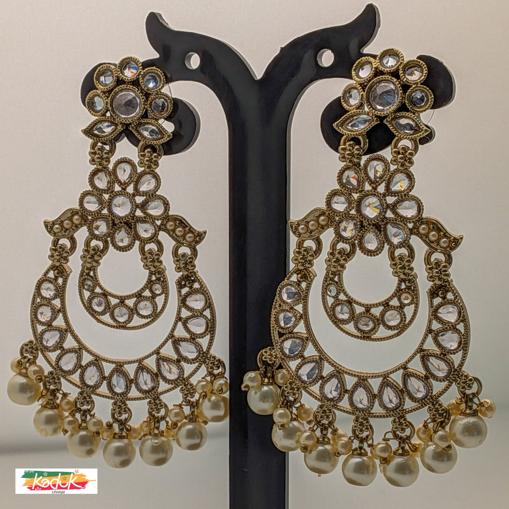 Gold-Plated Kundan Chandbali Earrings with Pearl Drops