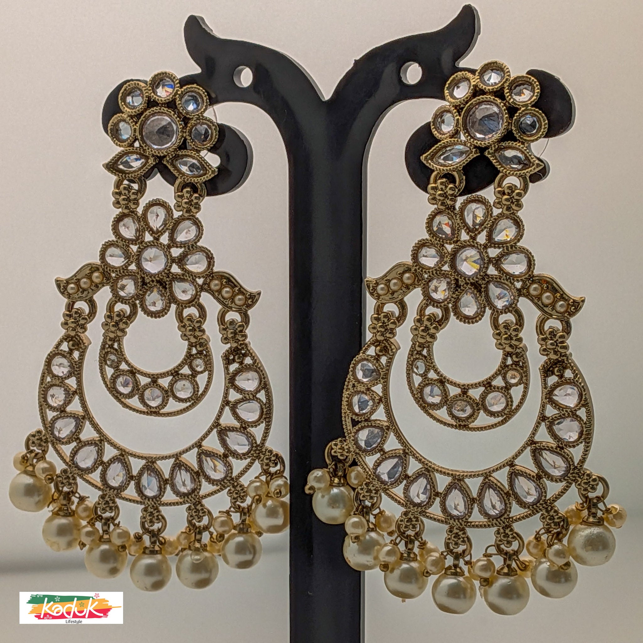 Gold-Plated Kundan Chandbali Earrings with Pearl Drops