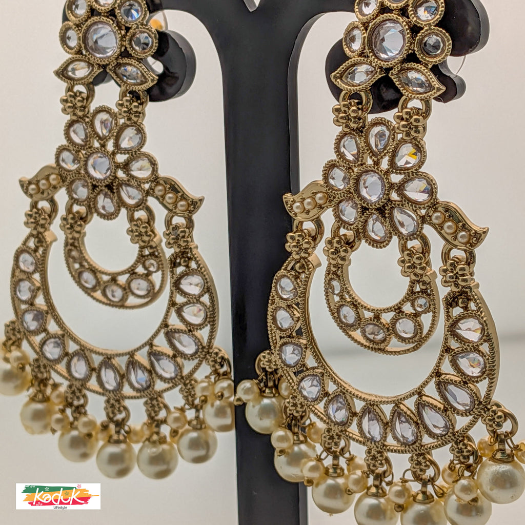 Gold-Plated Kundan Chandbali Earrings with Pearl Drops