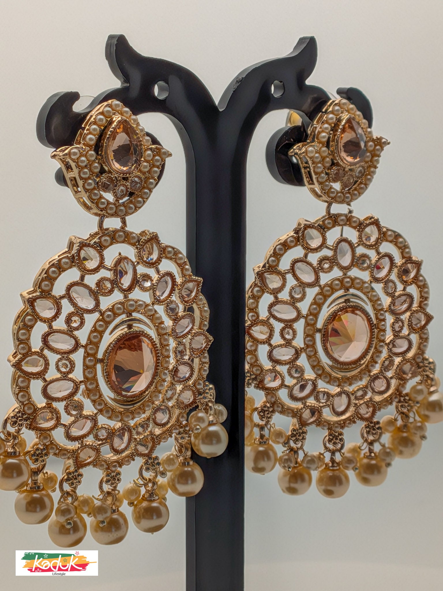 Gold-Plated Kundan Oversized Earrings with Champagne Stone & Pearl Drops