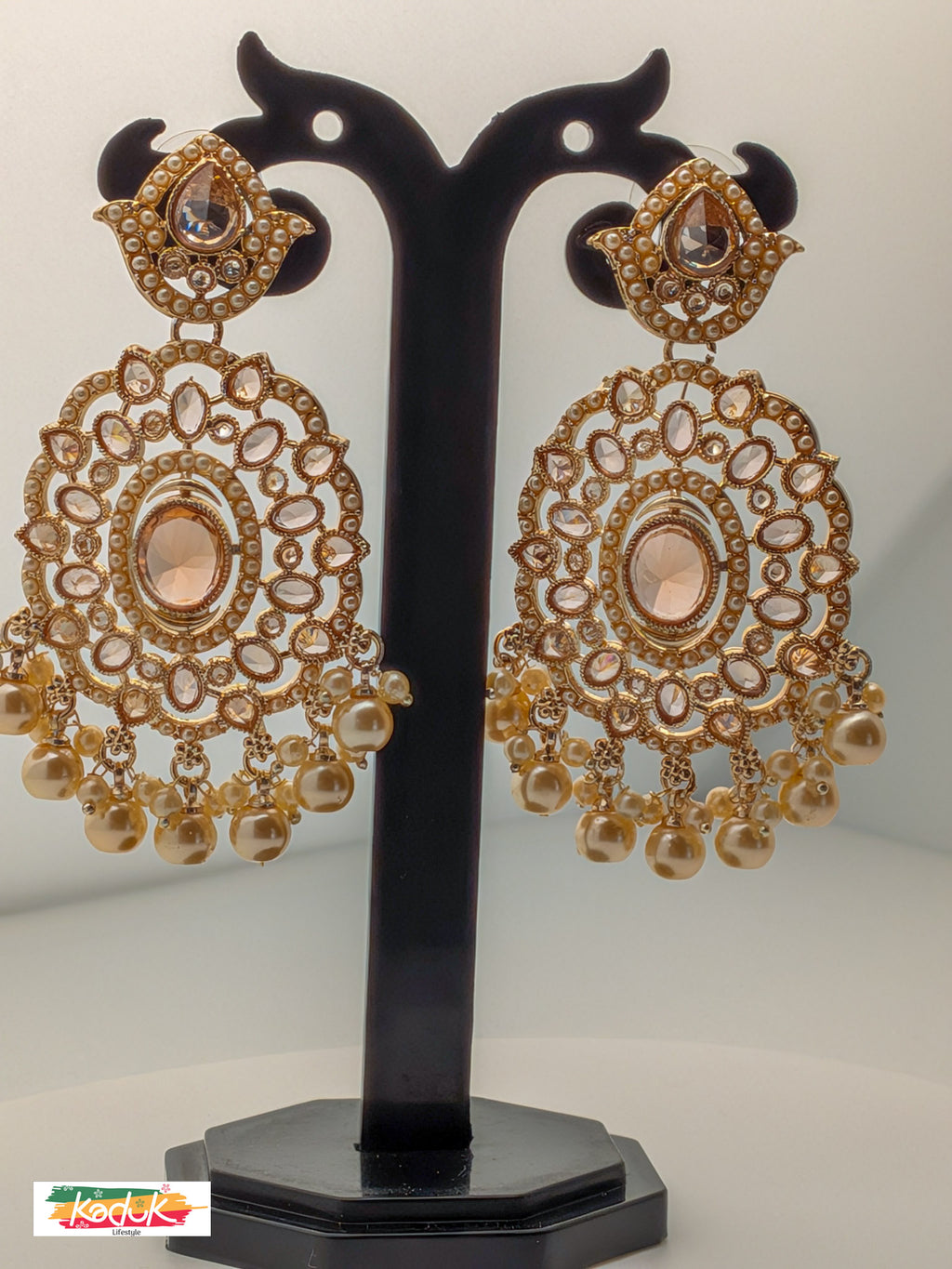 Gold-Plated Kundan Oversized Earrings with Champagne Stone & Pearl Drops