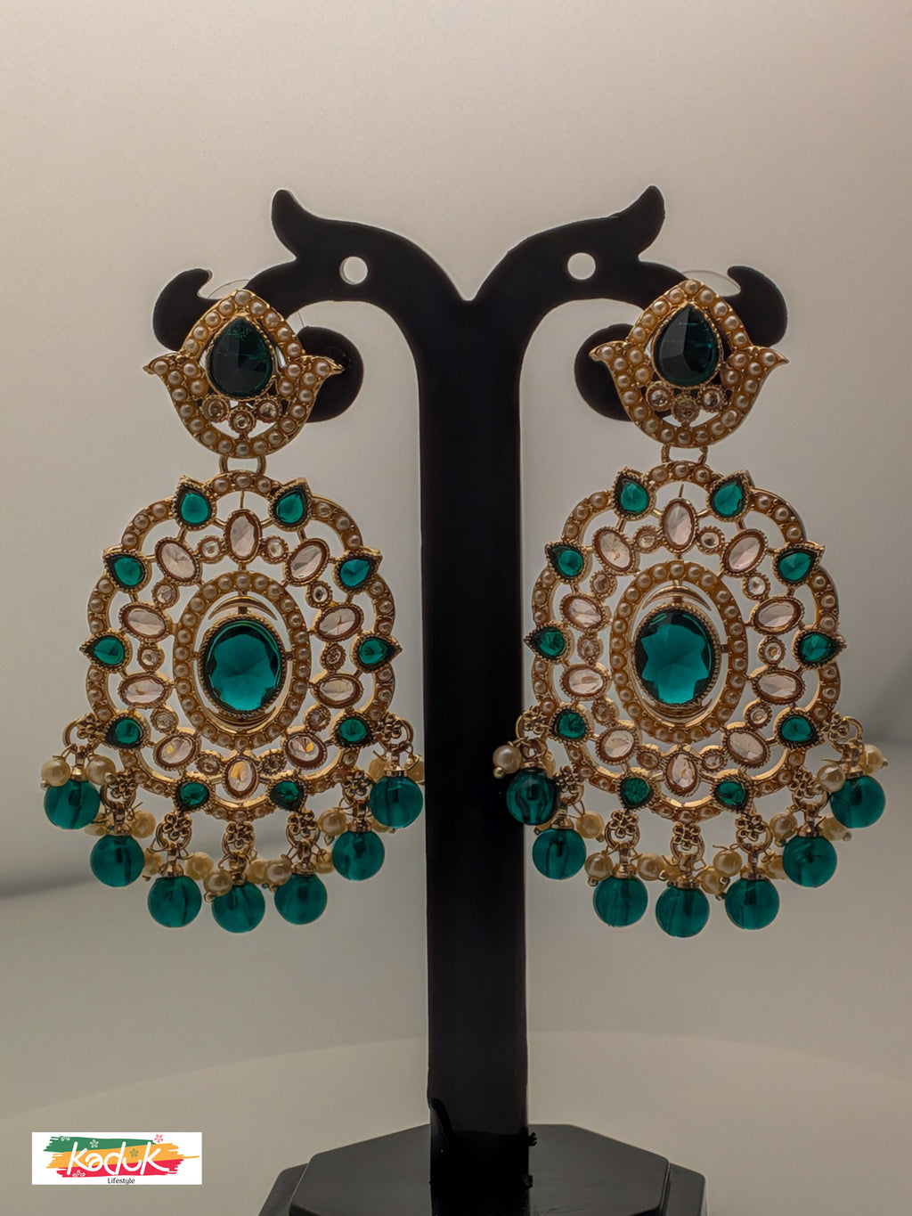 Gold-Plated Kundan Oversized Earrings with Emerald Green Stones & Pearls
