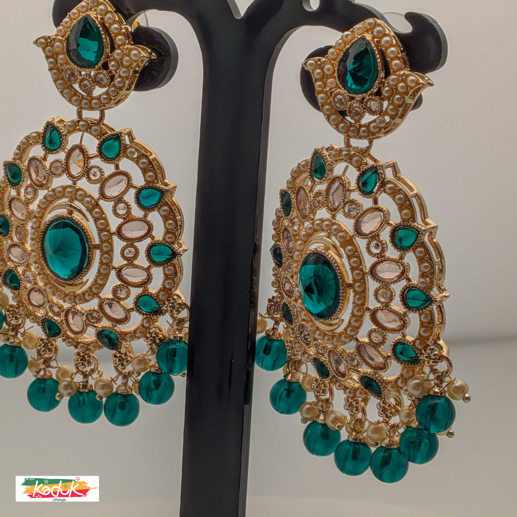 Gold-Plated Kundan Oversized Earrings with Emerald Green Stones & Pearls