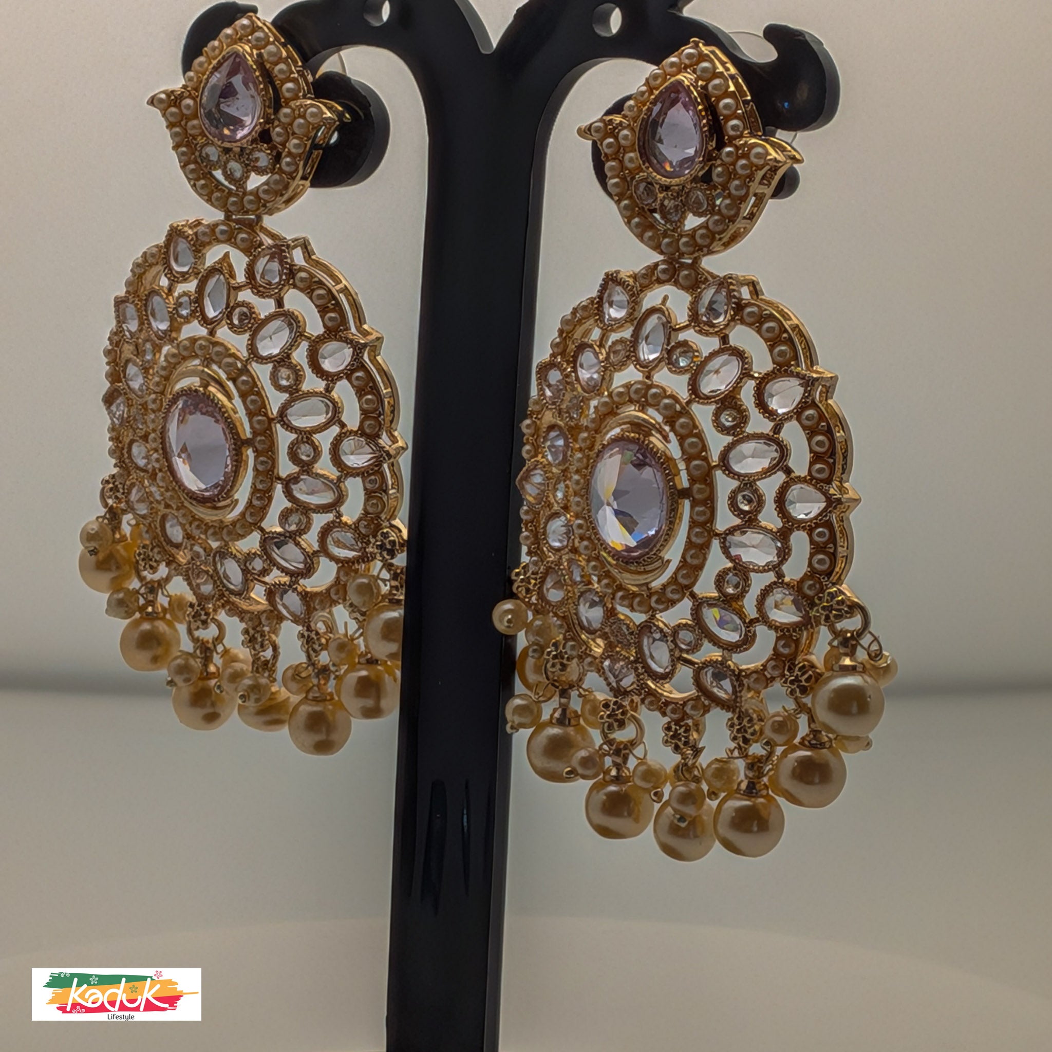 Gold-Plated Oversized Kundan Earrings with White Stones & Pearl Drops