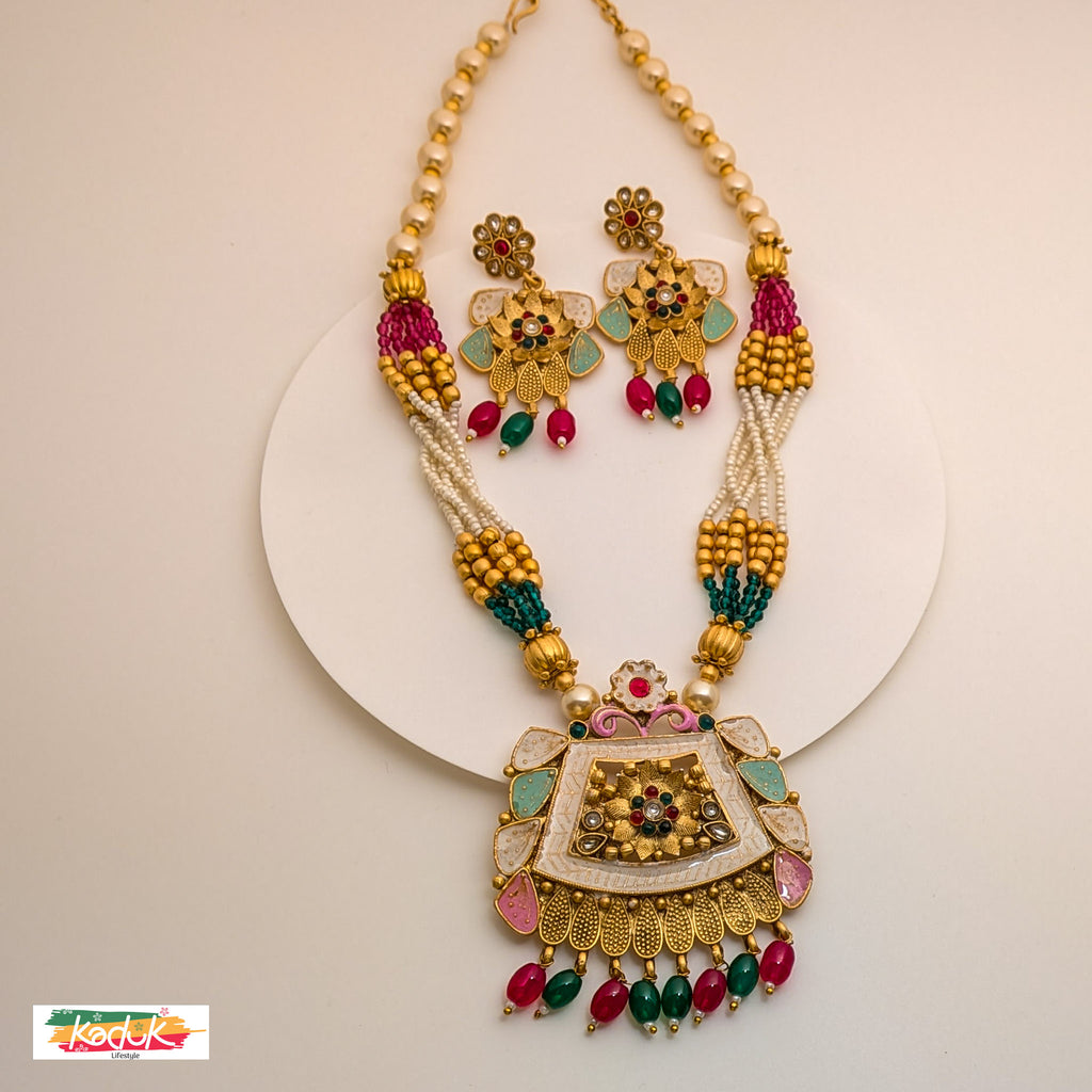 Antique Pearl &  Multi Color  Beaded Necklace Set with Statement Pendant & Earrings