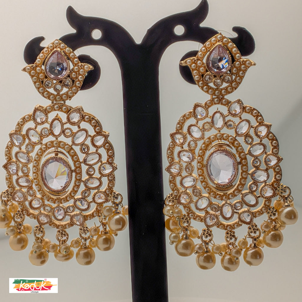 Gold-Plated Oversized Kundan Earrings with White Stones & Pearl Drops
