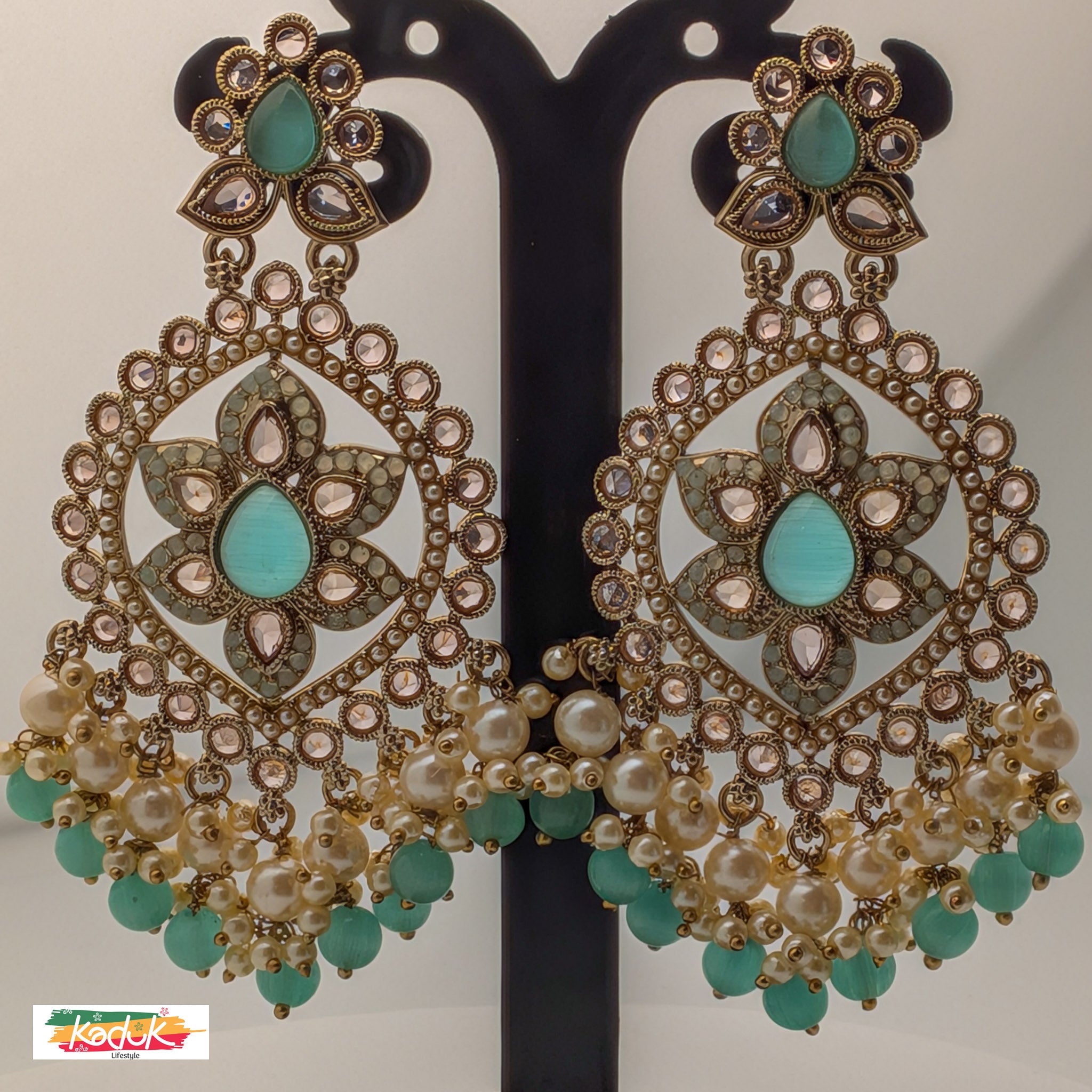 Gold-Plated Kundan Oversized Earrings with Mint Green Stones & Pearl Drops