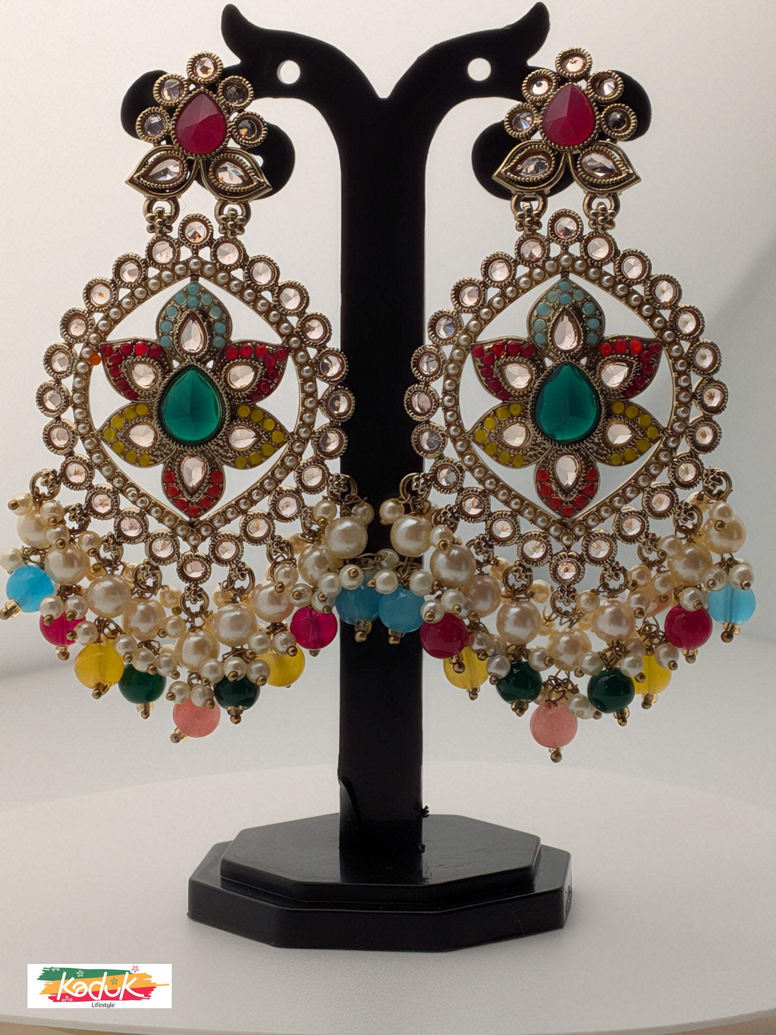 Gold-Plated Oversized Kundan Earrings with Multicolor Beads & Pearls