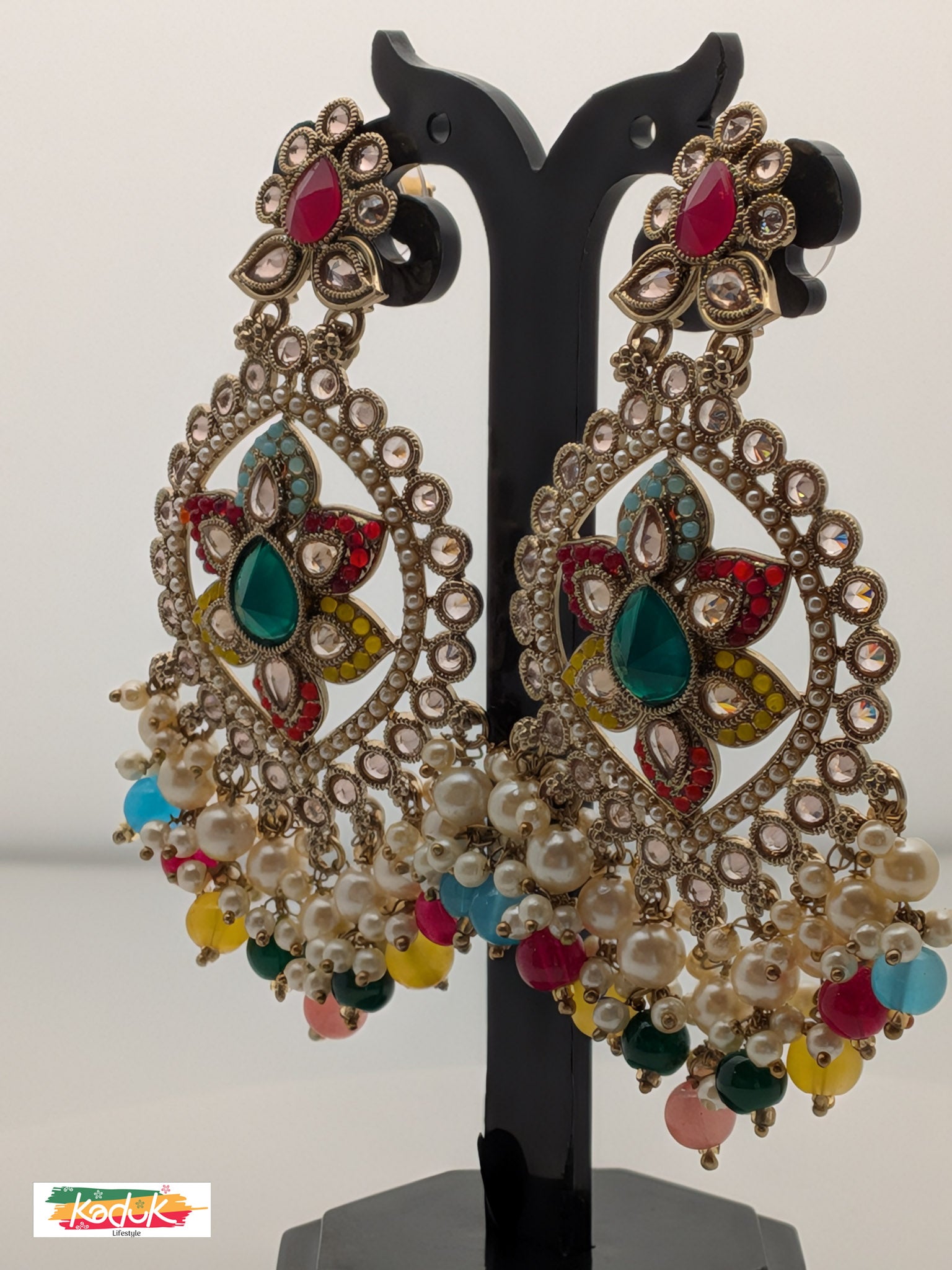 Gold-Plated Oversized Kundan Earrings with Multicolor Beads & Pearls
