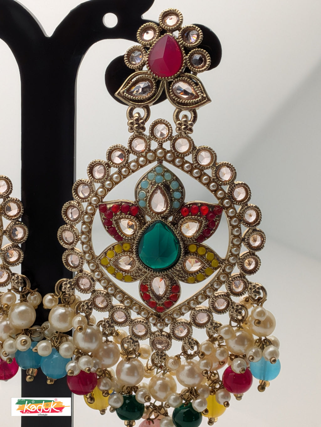 Gold-Plated Oversized Kundan Earrings with Multicolor Beads & Pearls