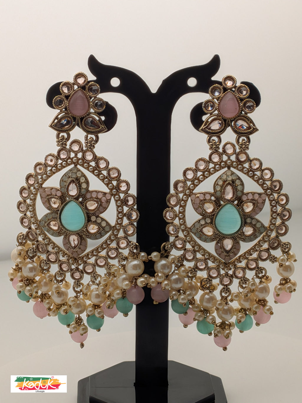 Gold-Plated Oversized Kundan Earrings with Pastel Beads & Pearls