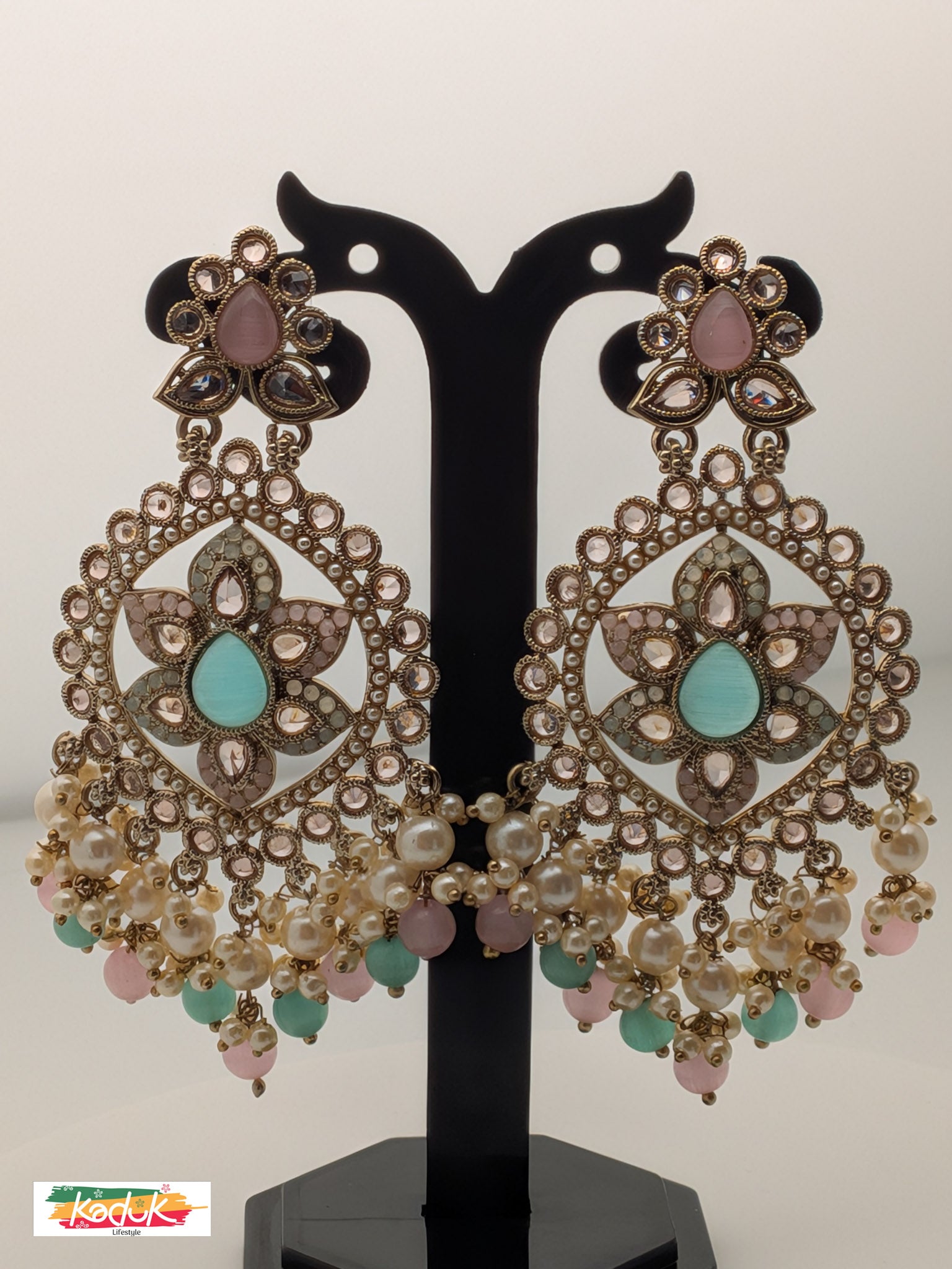 Gold-Plated Oversized Kundan Earrings with Pastel Beads & Pearls