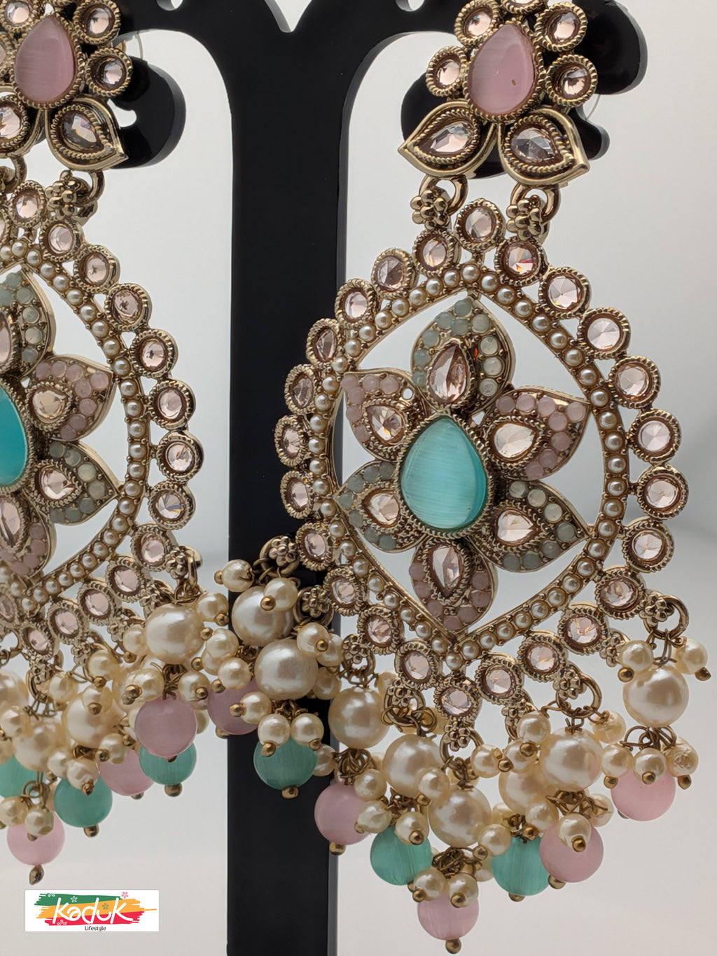 Gold-Plated Oversized Kundan Earrings with Pastel Beads & Pearls