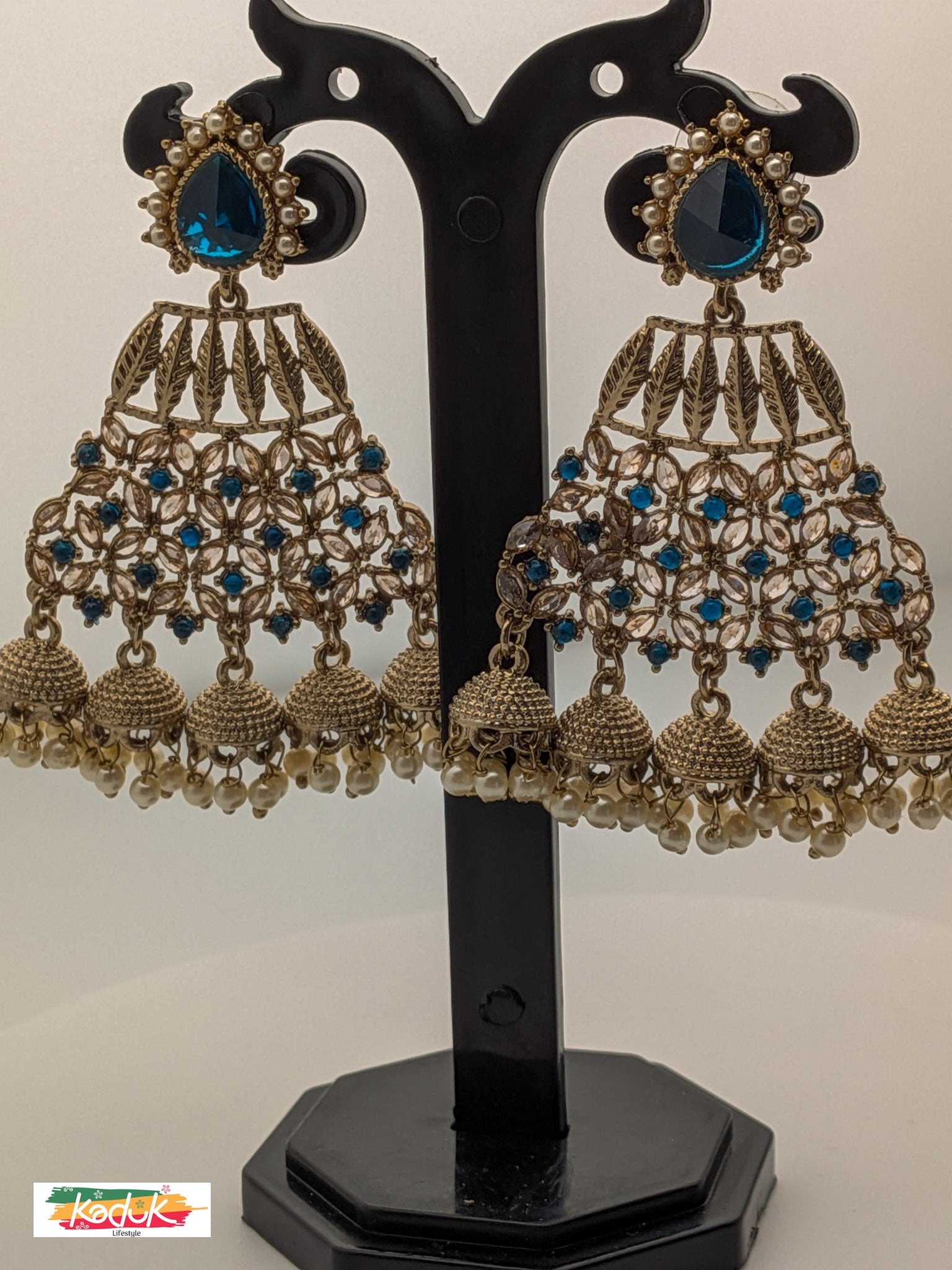 Royal Blue Stone & Kundan Jhumka Earrings with Pearl Drops