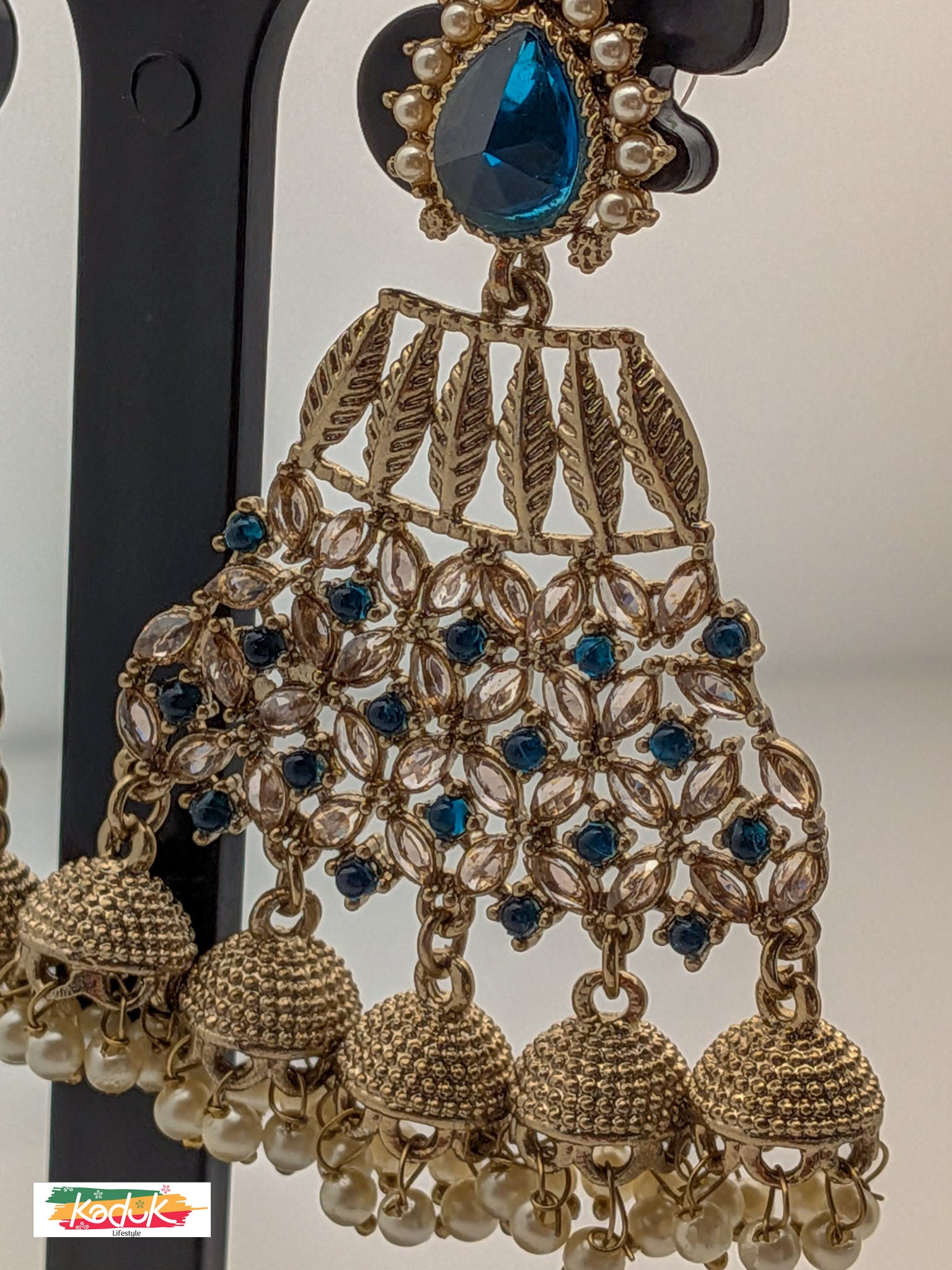 Royal Blue Stone & Kundan Jhumka Earrings with Pearl Drops