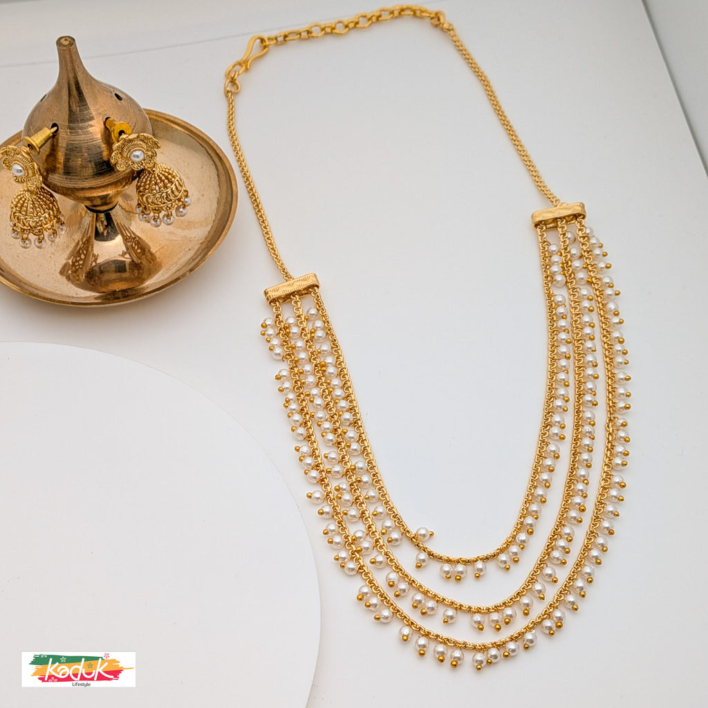 Multi-Layered Gold Chain Necklace with Pearl Drops & Earrings