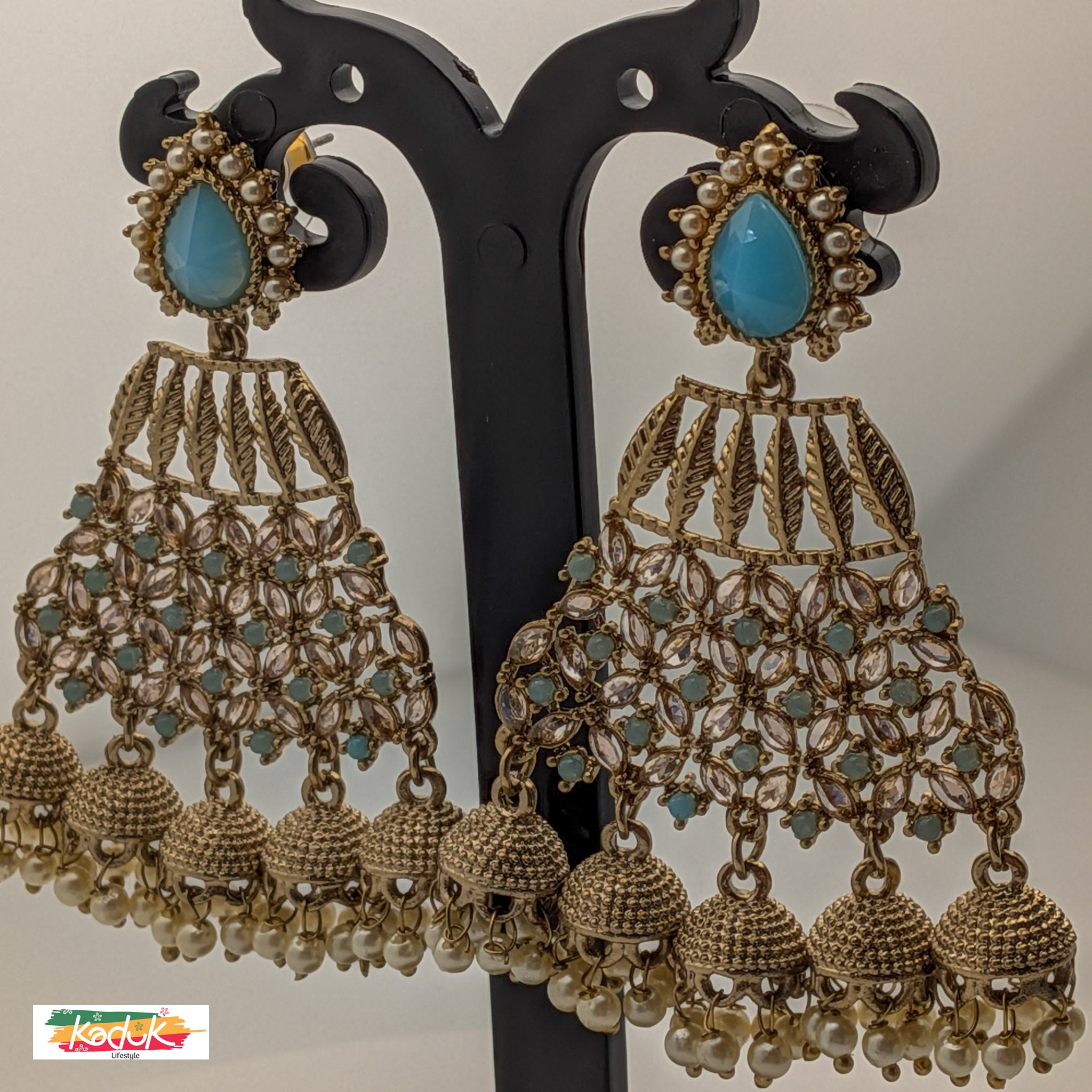 Turquoise Blue Stone Jhumka Earrings with Kundan & Pearl Detailing