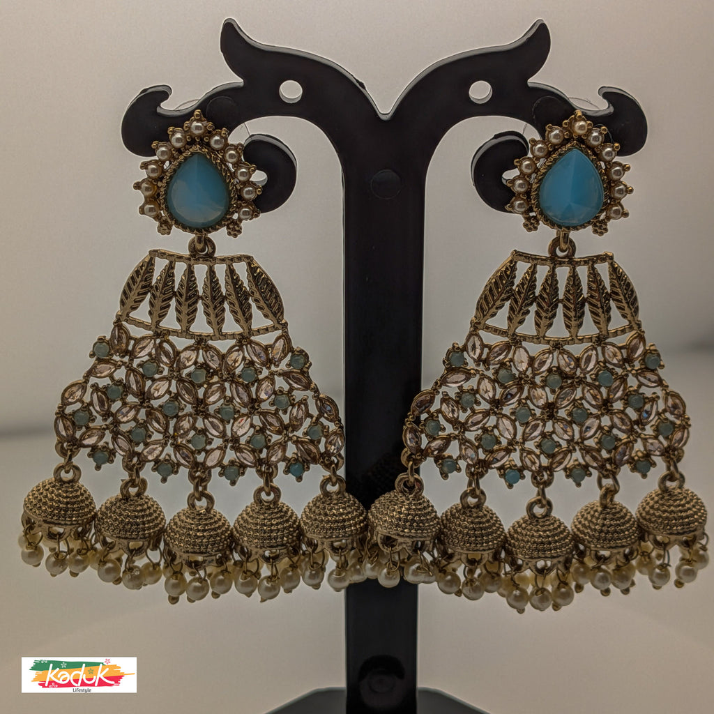 Turquoise Blue Stone Jhumka Earrings with Kundan & Pearl Detailing