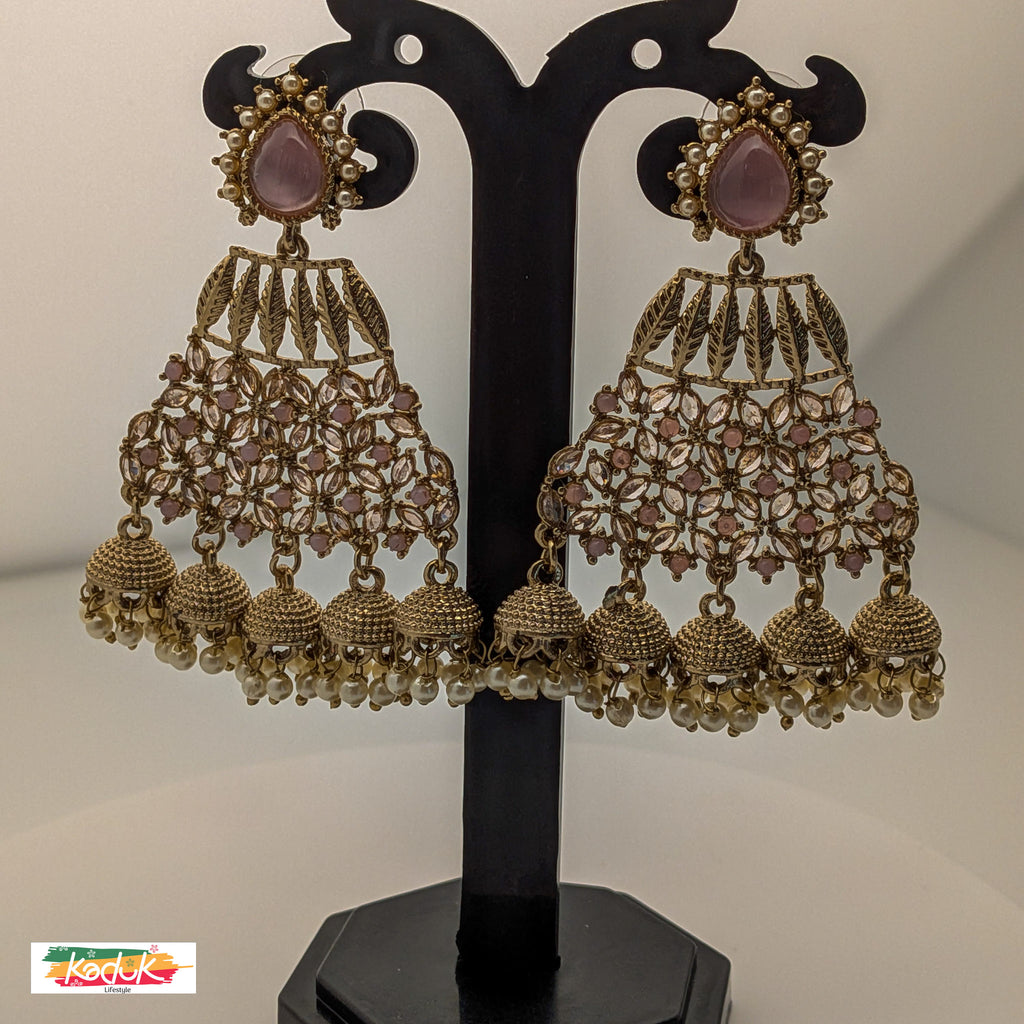 Pink Stone Kundan Jhumka Earrings with Pearl Drops