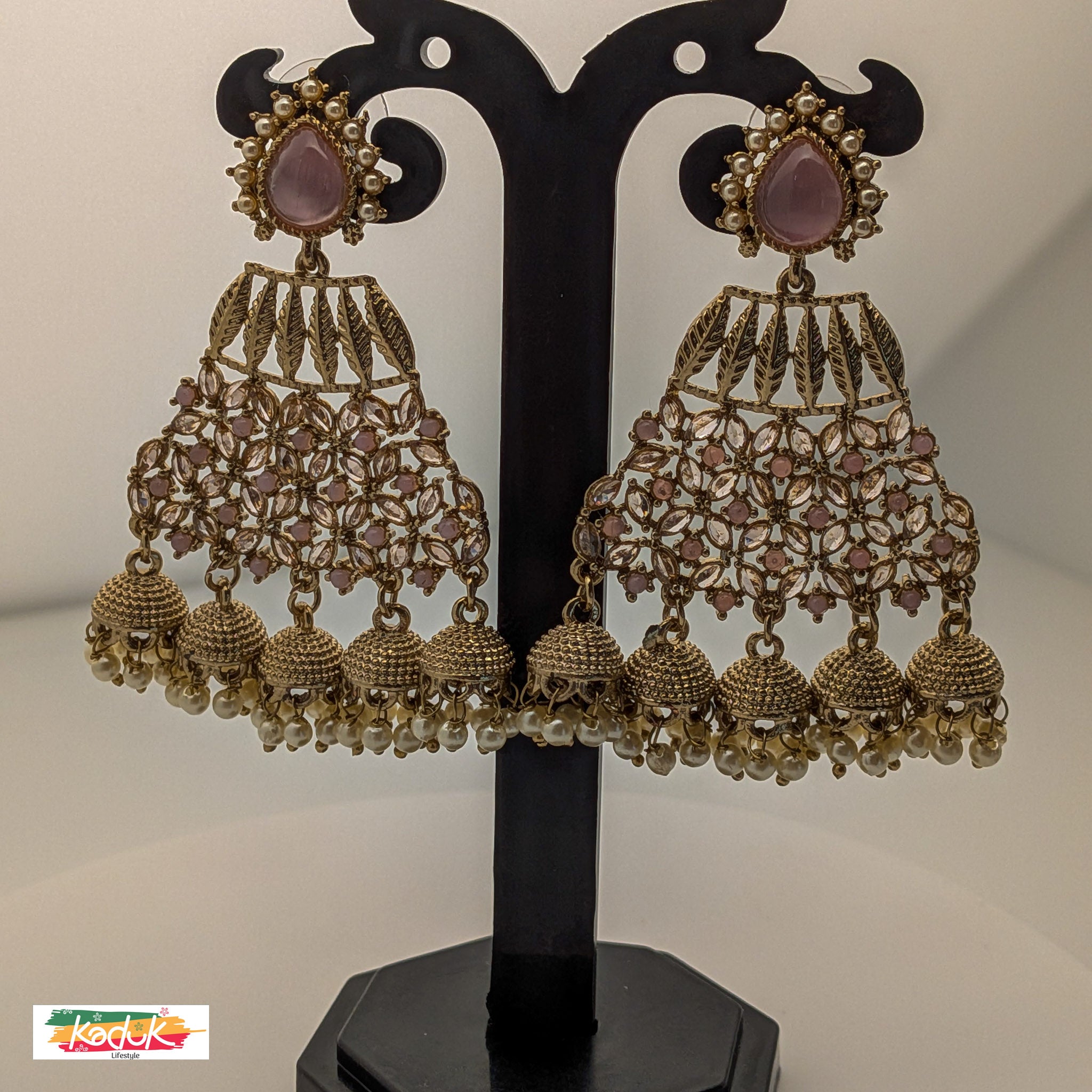 Pink Stone Kundan Jhumka Earrings with Pearl Drops