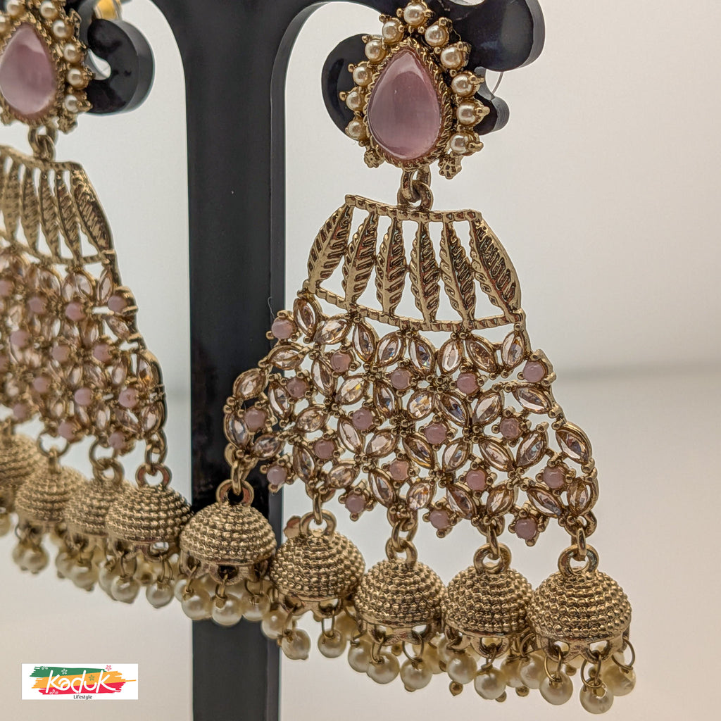 Pink Stone Kundan Jhumka Earrings with Pearl Drops