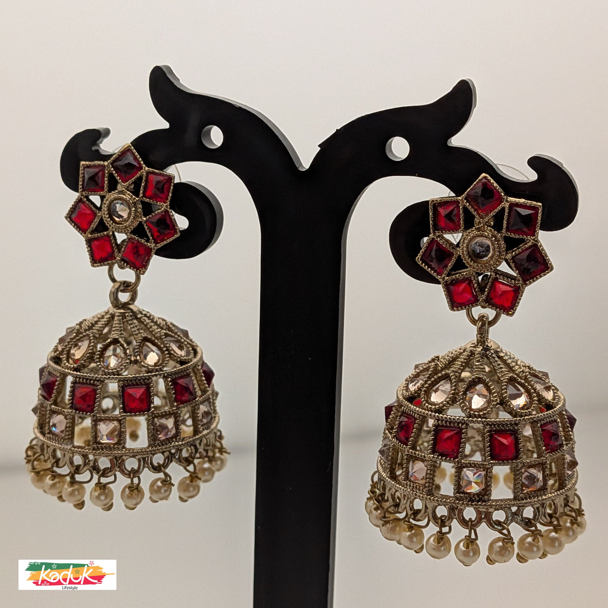 Red Kundan Jhumka Earrings with Pearl Drops