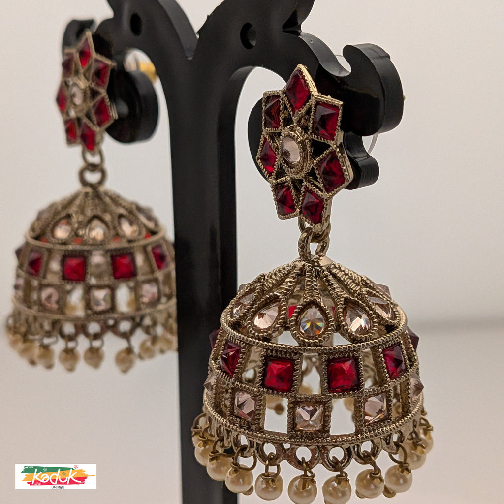 Red Kundan Jhumka Earrings with Pearl Drops