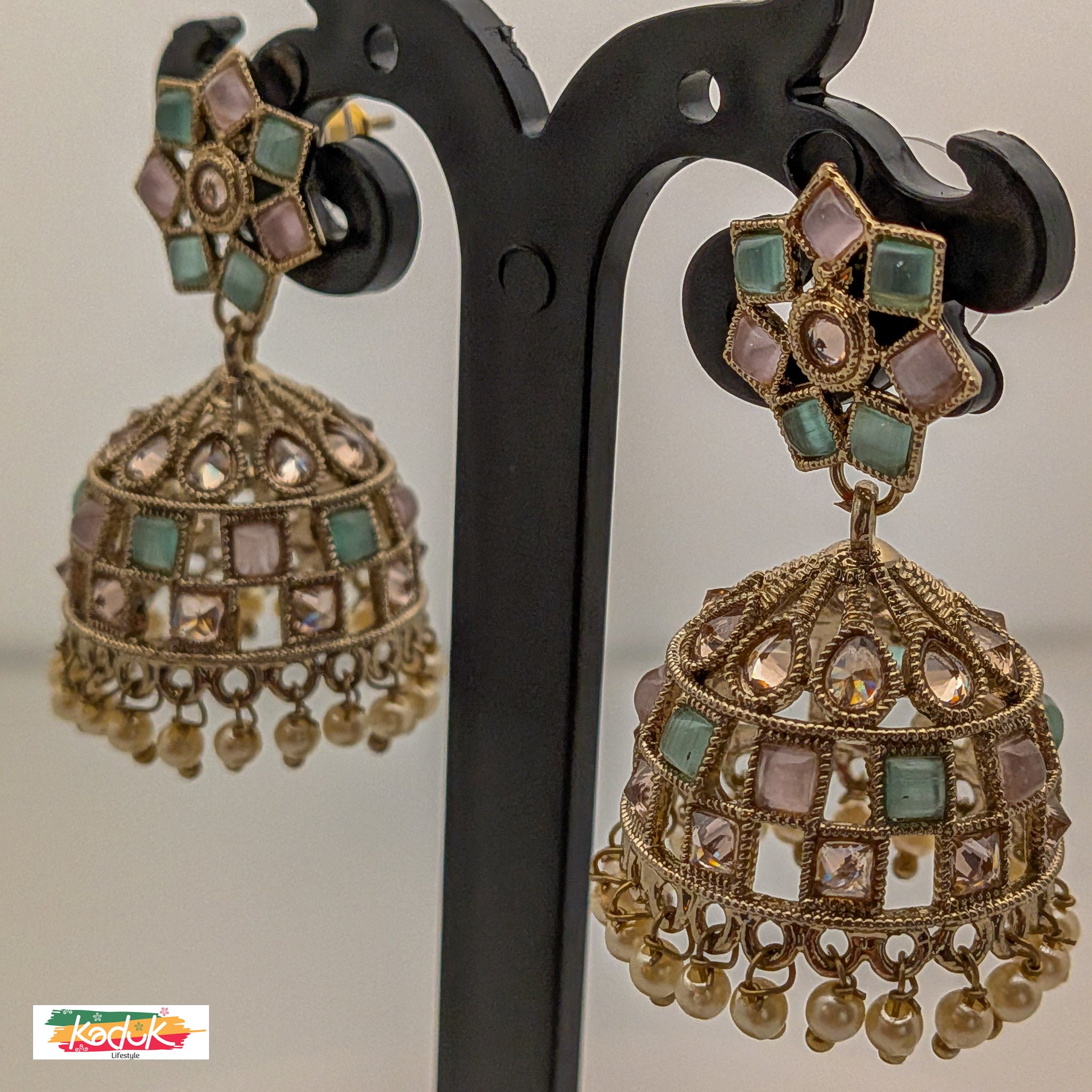 Pastel Kundan Jhumka Earrings with Pearl Drops