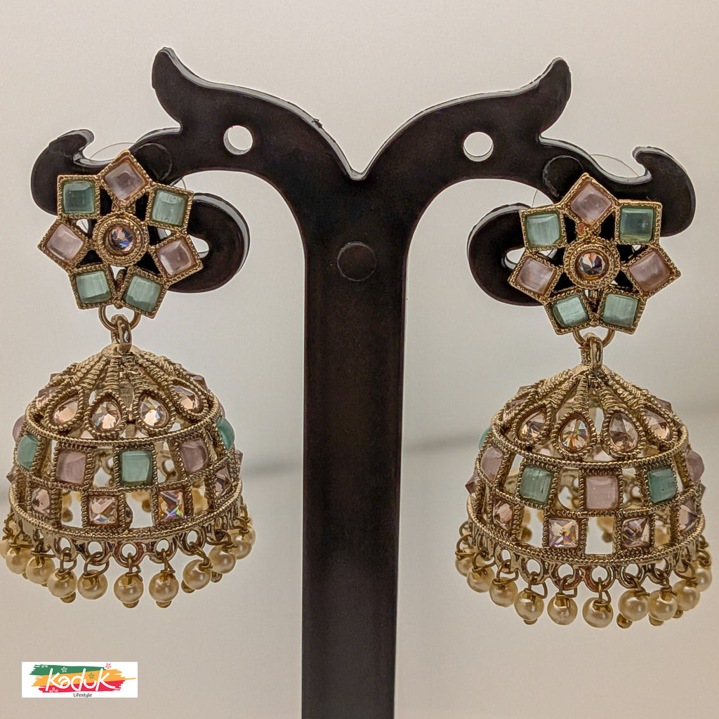 Pastel Kundan Jhumka Earrings with Pearl Drops