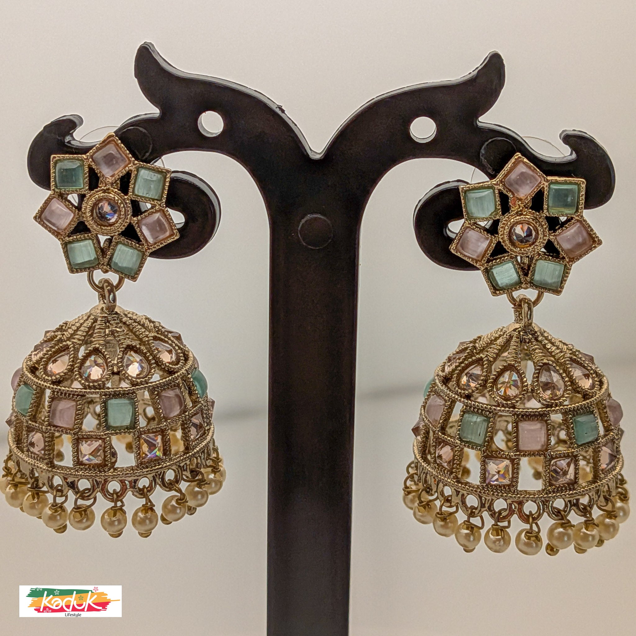 Pastel Kundan Jhumka Earrings with Pearl Drops