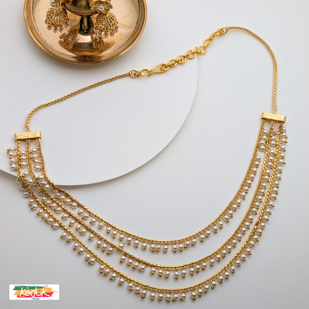Multi-Layered Gold Chain Necklace with Pearl Drops & Earrings