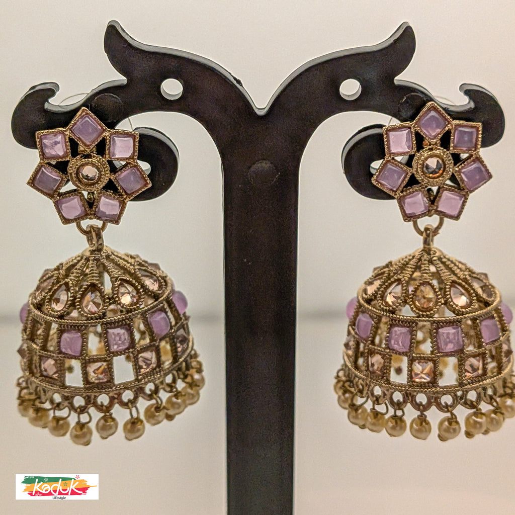 Lavender Kundan Jhumka Earrings with Pearl Detailing